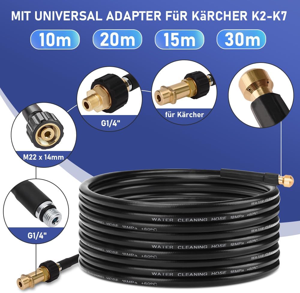 10 - 30m Rohrreinigungsschlauch Max. 180Bar mit M22 Adapter für Kärcher K2 - K7