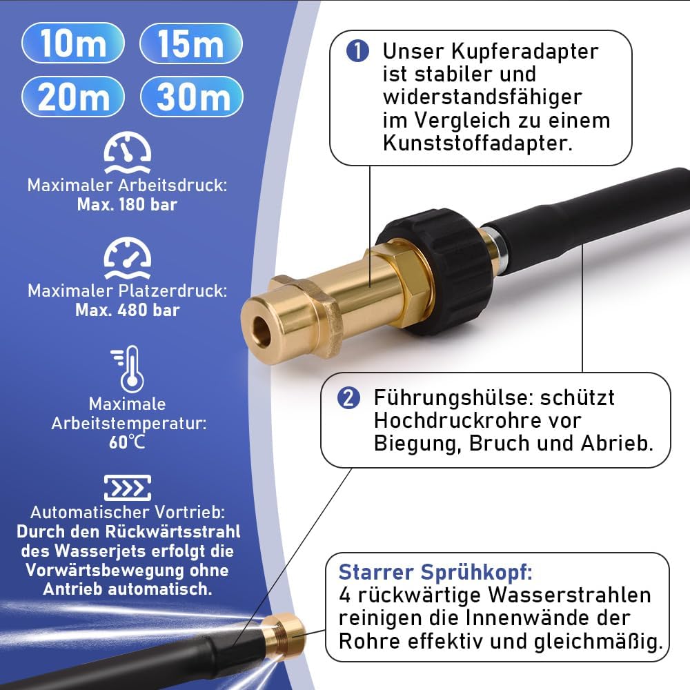 10 - 30m Rohrreinigungsschlauch Max. 180Bar mit M22 Adapter für Kärcher K2 - K7