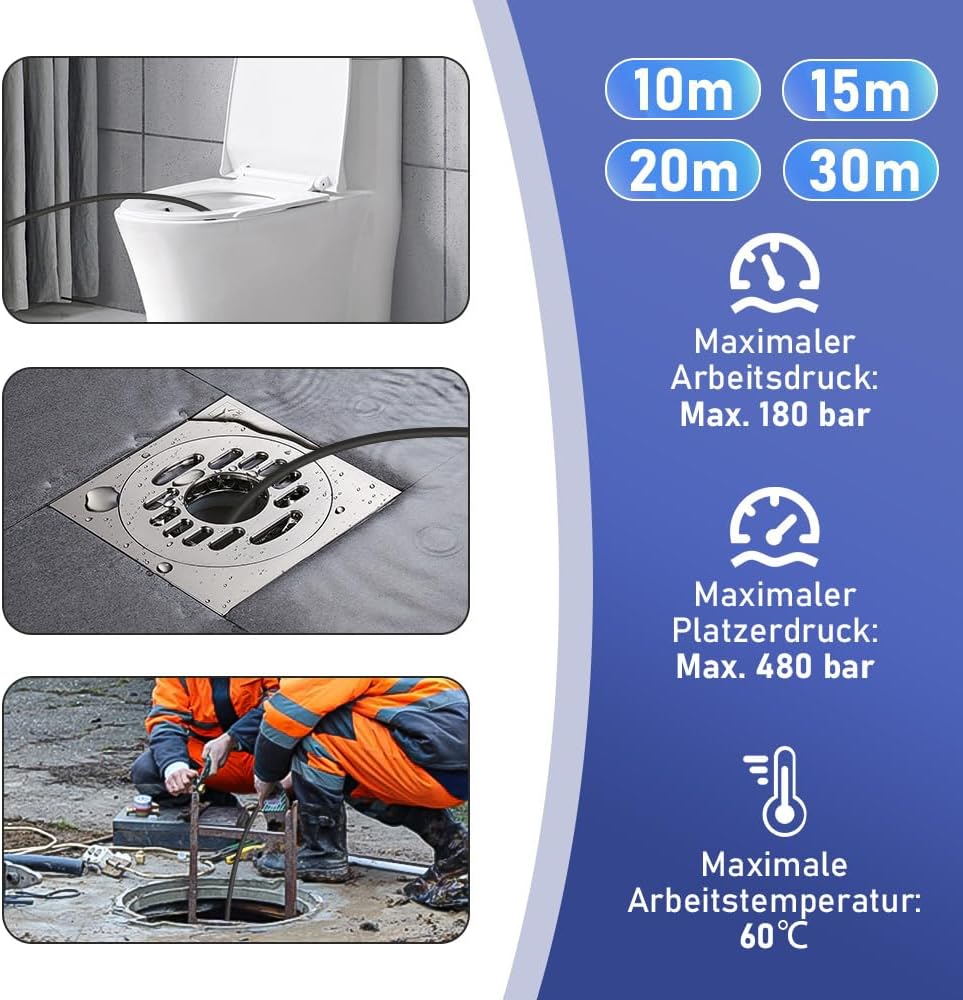 10 - 30m Rohrreinigungsschlauch Max. 180Bar mit M22 Adapter für Kärcher K2 - K7