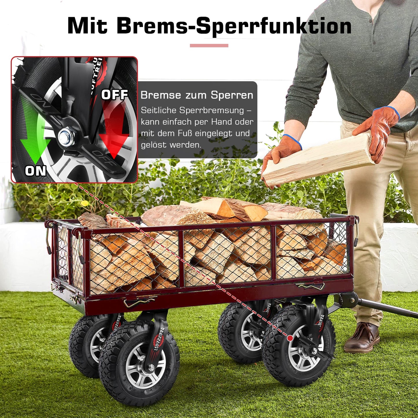 10" Universelle Schwerlastrolle mit Bremse – 360° drehbar, 250 mm Luftreifen, 170 kg Tragkraft, für Werkstatt & Transportwagen