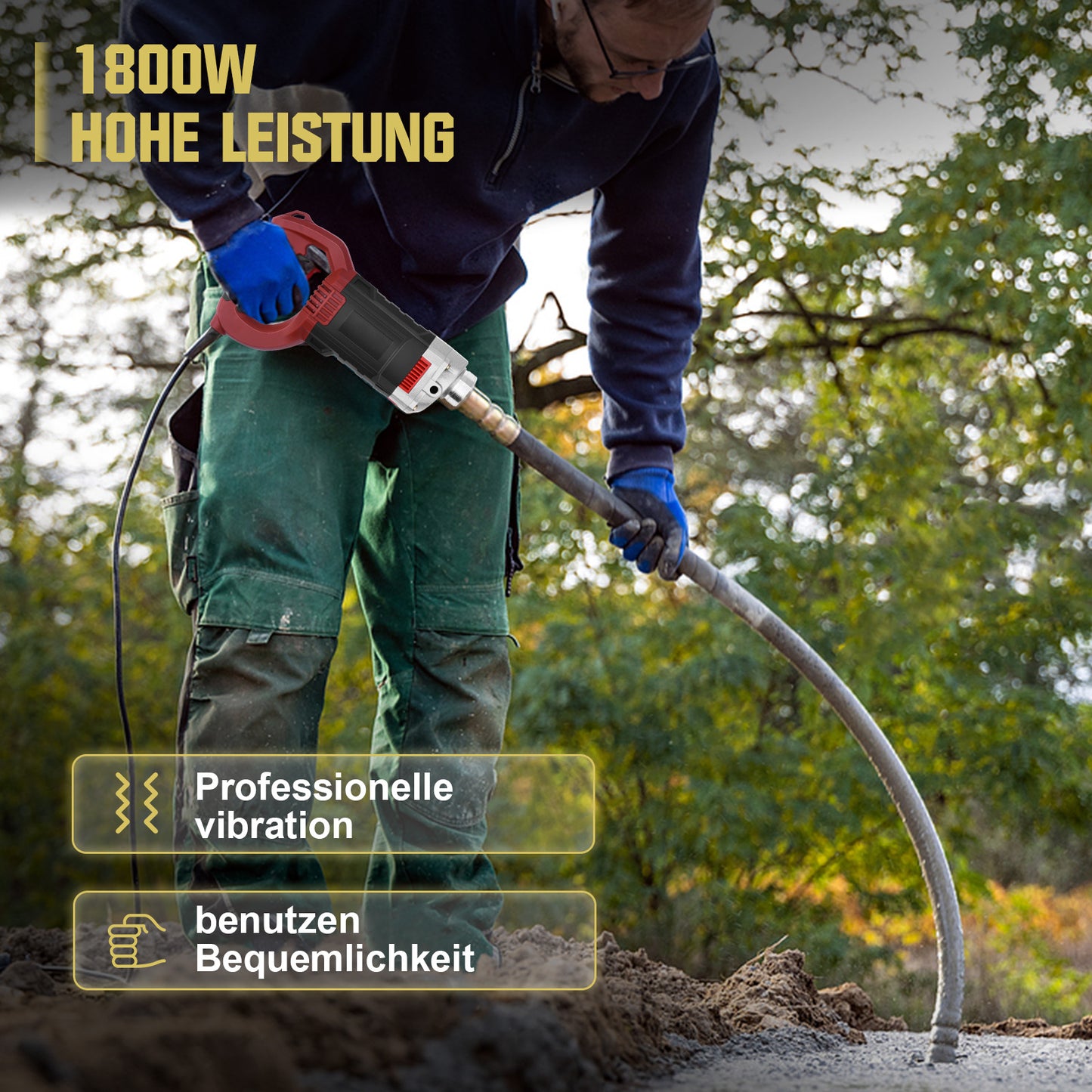 1800W Betonrüttler mit 2m Schlauch und 35mm Vibrationskopf – Hochleistungs-Betonvibrator für Baustelle & Schalung