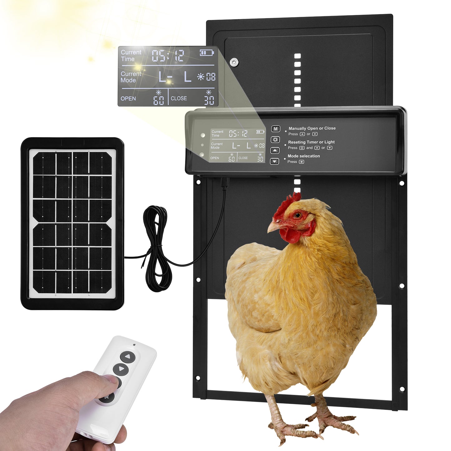 Automatische Hühnerklappe Solar - Intelligentes Hühnerstalltor mit Timer, Lichtsensor und Fernbedienung, Wetterfest (IP45)