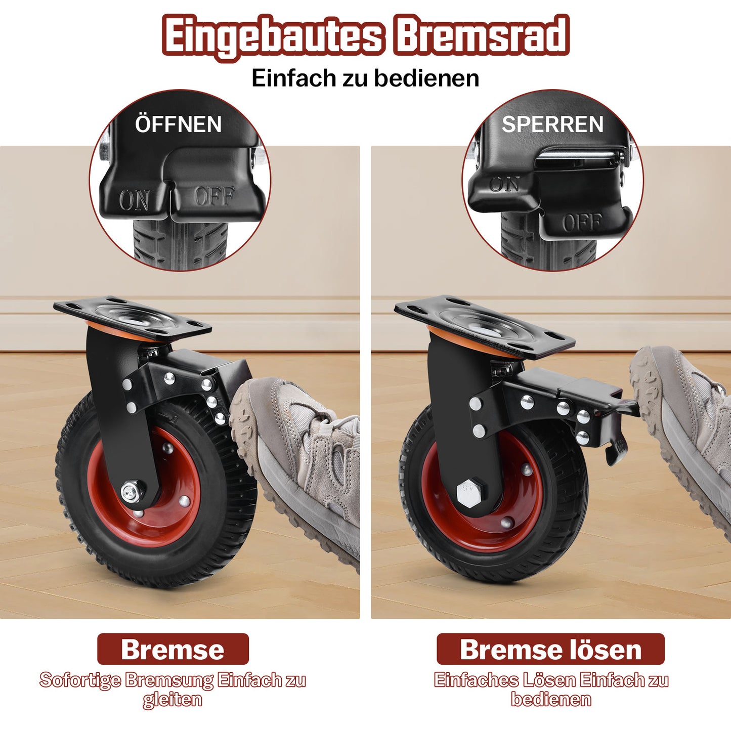 Set of 4 200mm all-terrain heavy-duty castors – 2 with brakes, 2 swivel castors, for workshop, garden & transport equipment