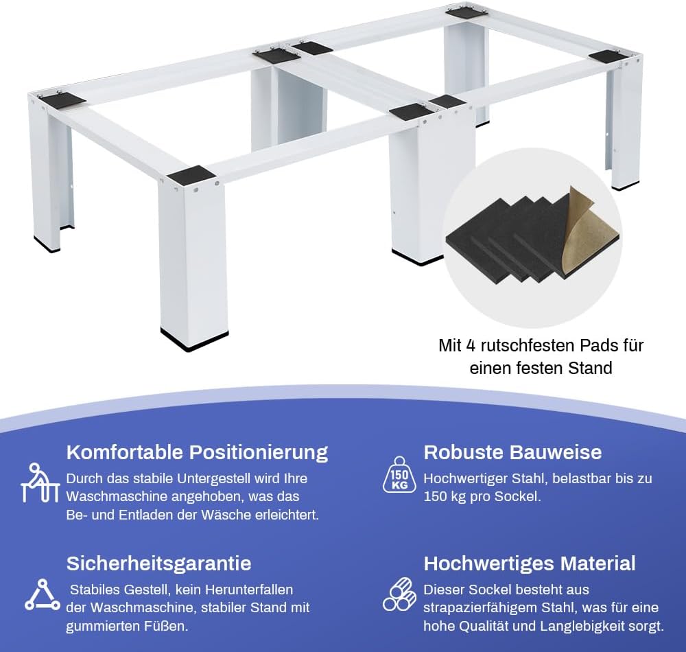 2 Fach Untergestell für Waschmaschinen Trockner Doppel Waschmaschinensockel | 126x54.5cm | max. 2x150kg