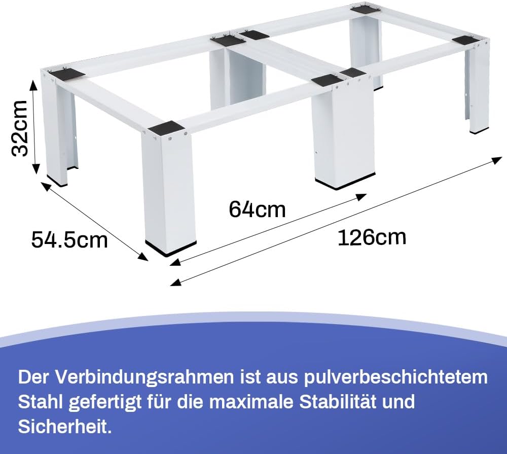 2 Fach Untergestell für Waschmaschinen Trockner Doppel Waschmaschinensockel | 126x54.5cm | max. 2x150kg