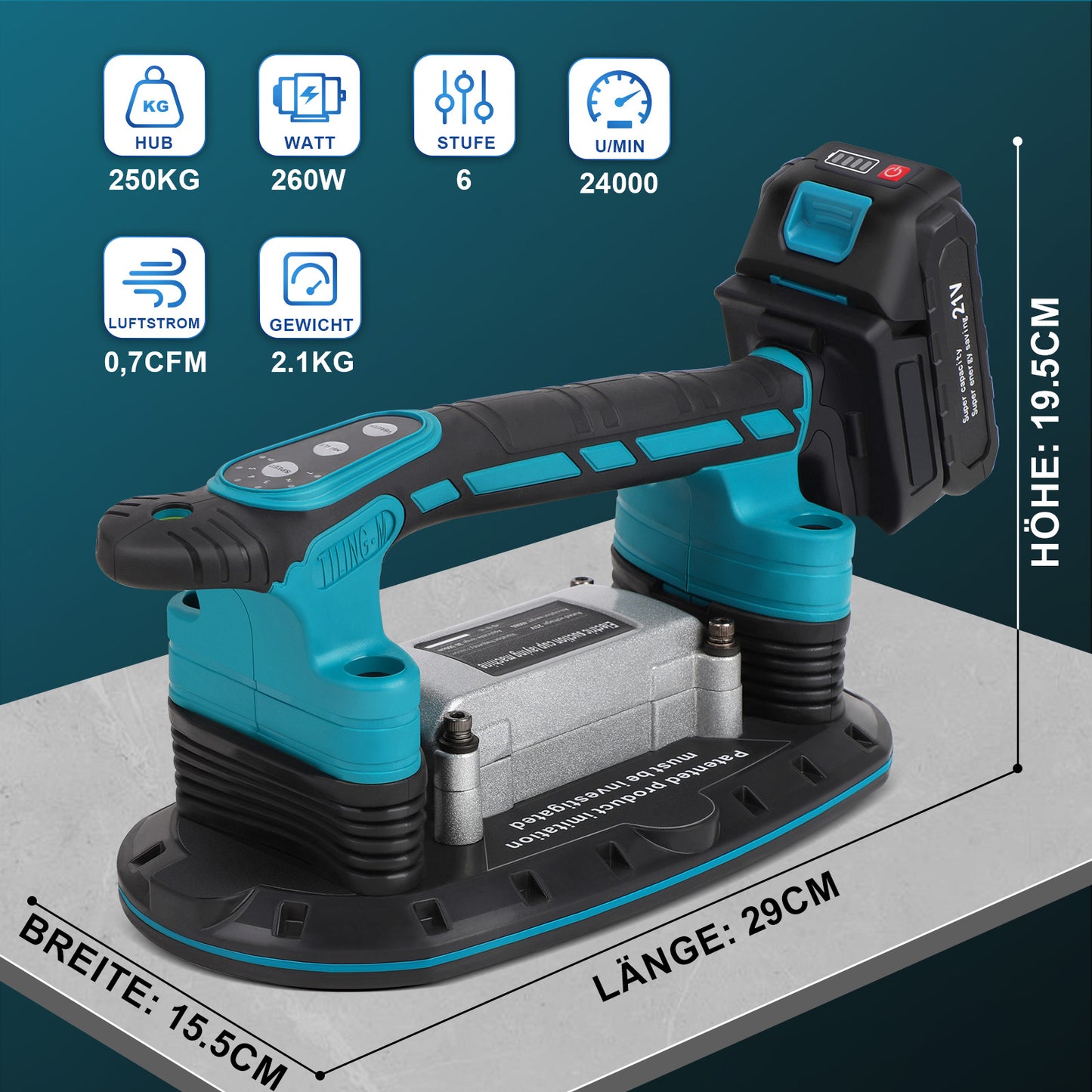 Elektrischer Fliesenrüttler mit Akku & Saugnapf – 6-Stufen Vibration | 250kg Tragkraft | Fliesenvibrator für große Wand- & Bodenfliesen (30–225cm)