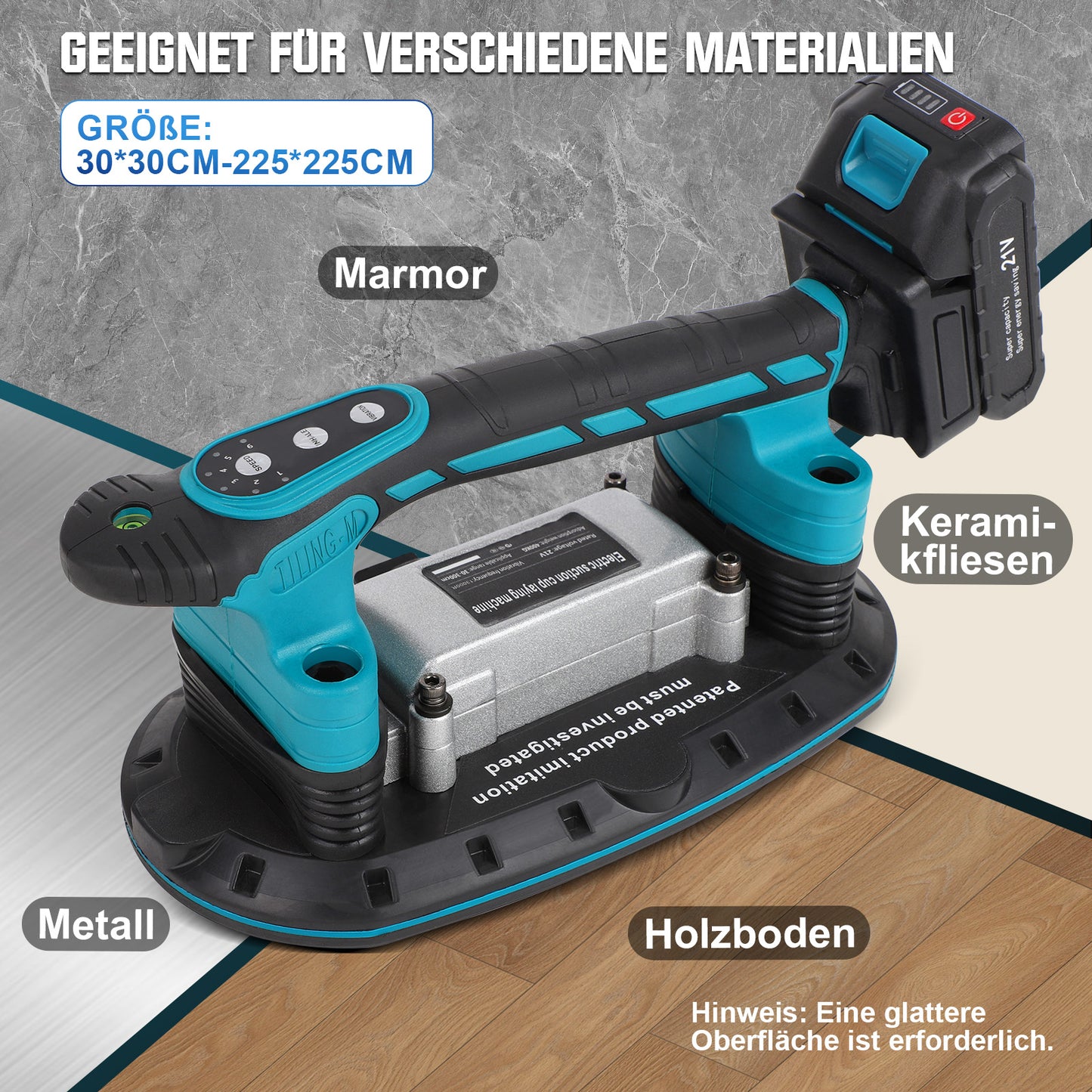 Elektrischer Fliesenrüttler mit Akku & Saugnapf – 6-Stufen Vibration | 250kg Tragkraft | Fliesenvibrator für große Wand- & Bodenfliesen (30–225cm)