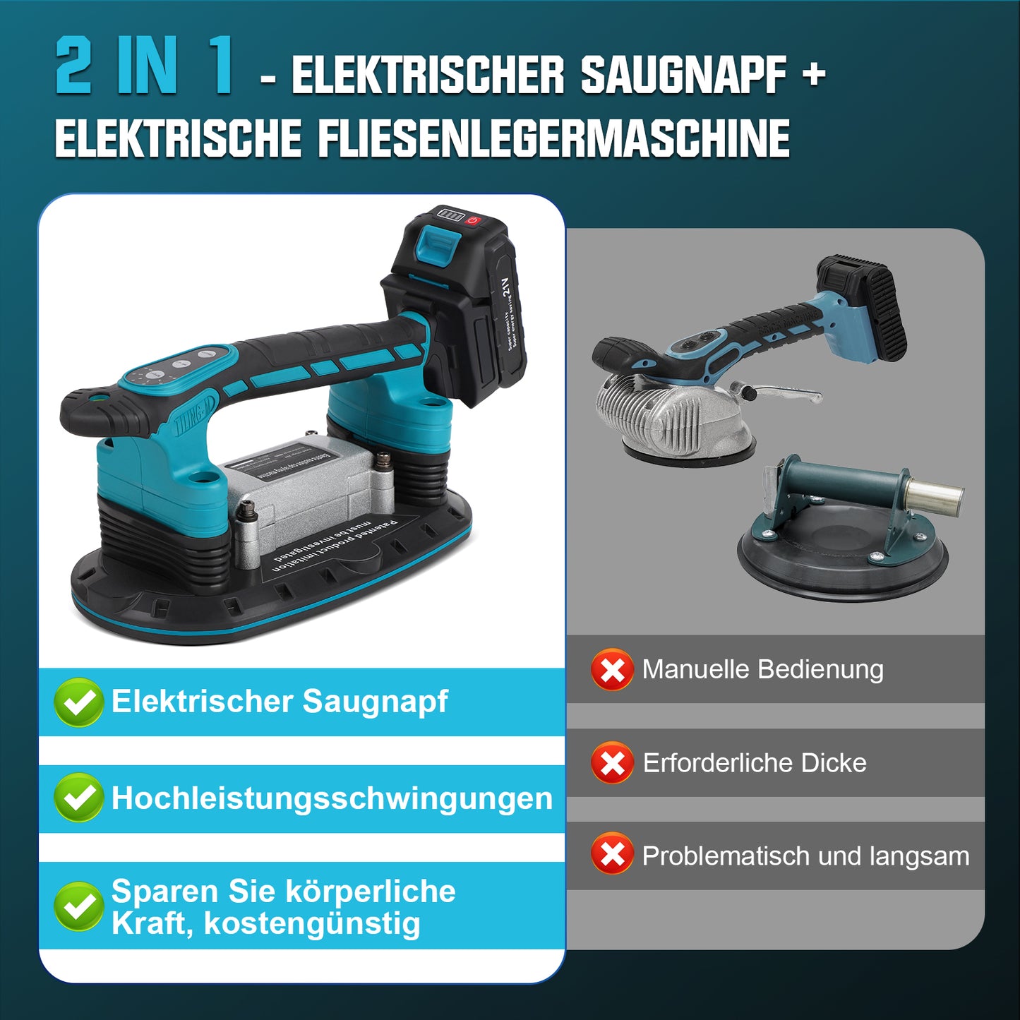 Elektrischer Fliesenrüttler mit Akku & Saugnapf – 6-Stufen Vibration | 250kg Tragkraft | Fliesenvibrator für große Wand- & Bodenfliesen (30–225cm)