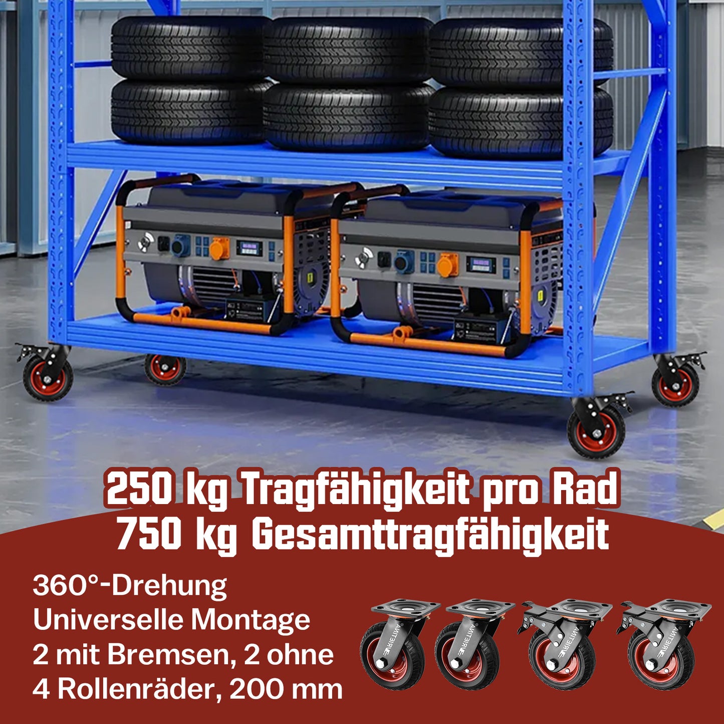 4x Schwerlast Lenkrollen 200mm – Transportrollen mit Bremse, Vollgummi, je 250kg Tragkraft, drehbar für Werkbank & Industrie