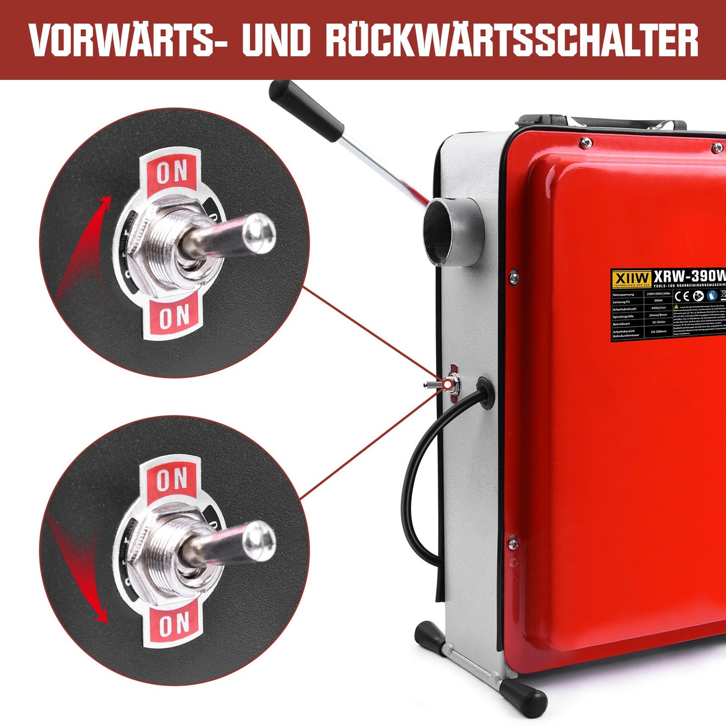 390W Rohrreinigungsmaschine mit 12m Ø16mm, 10m Ø8mm Spirale für Ø20 - 100mm Rohrleitungen 450U/M