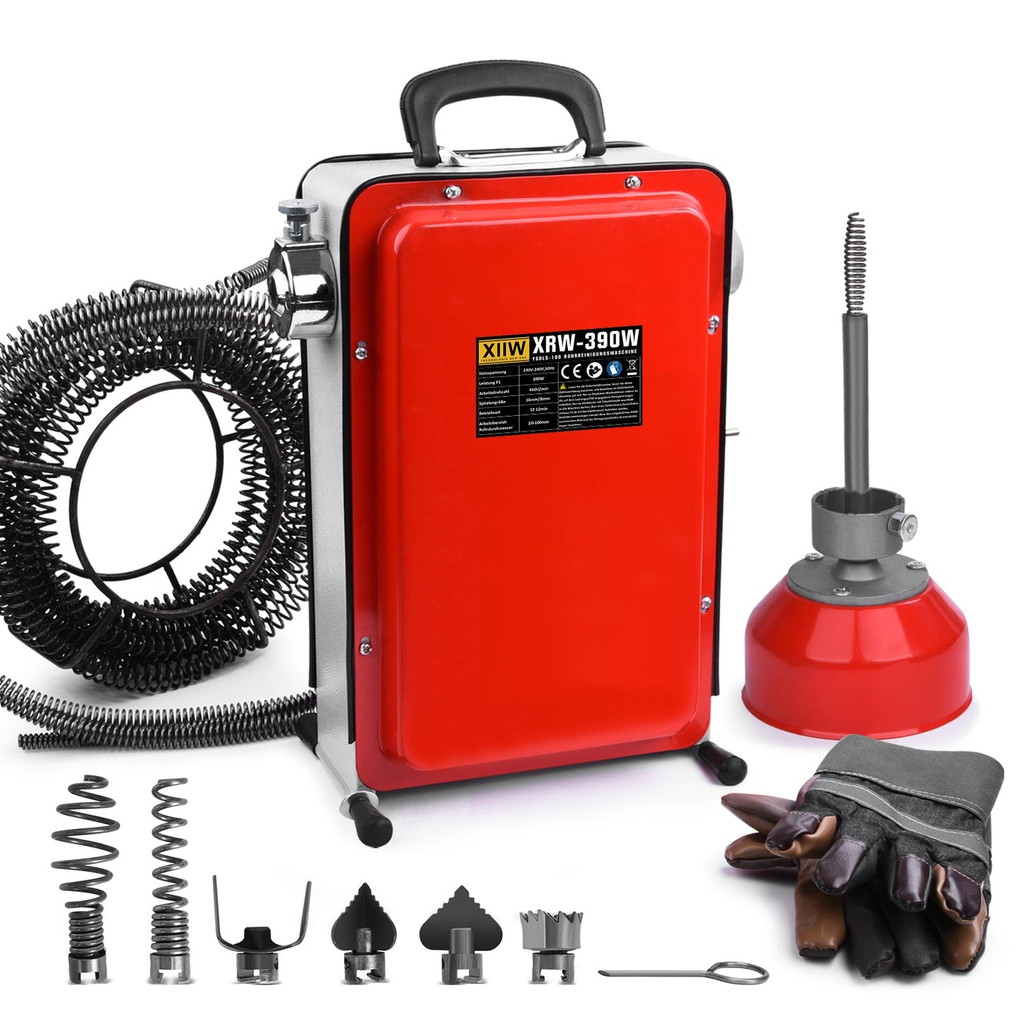 390W Rohrreinigungsmaschine mit 12m Ø16mm, 10m Ø8mm Spirale für Ø20 - 100mm Rohrleitungen 450U/M