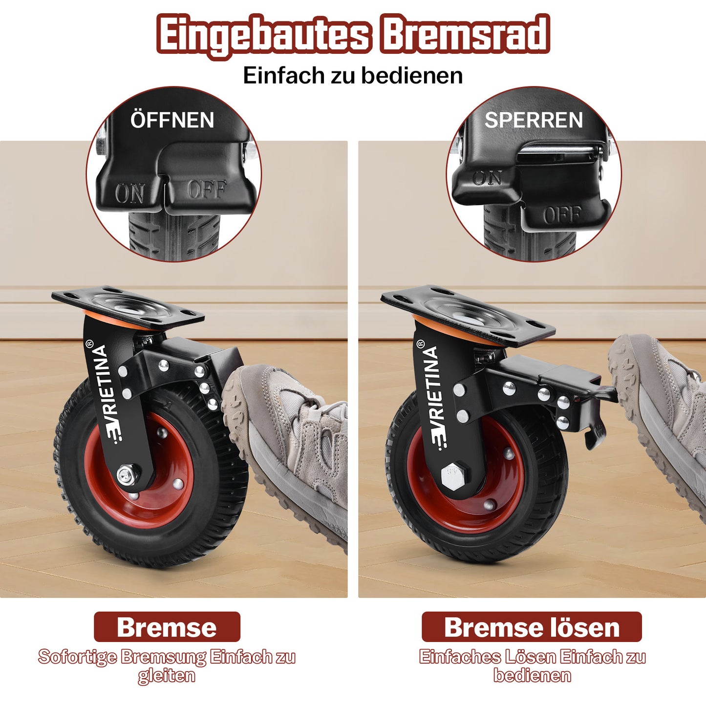 4x Schwerlast Lenkrollen 200mm – Transportrollen mit Bremse, Vollgummi, je 250kg Tragkraft, drehbar für Werkbank & Industrie