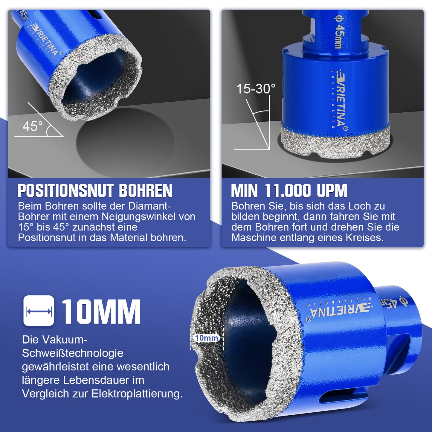 Diamant Trockenbohrer M14 – 16–150 mm für Fliesen, Granit & Feinsteinzeug – 23 Größen