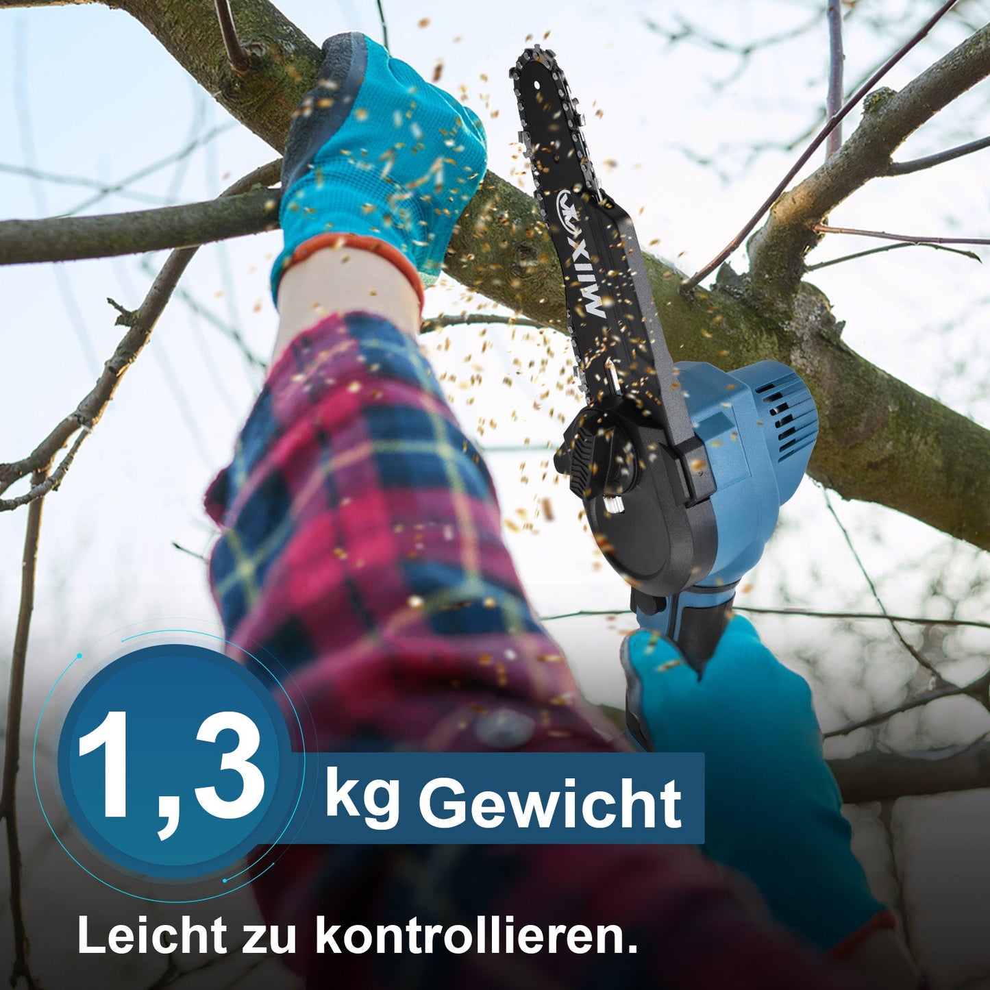 4 - Zoll Akku Mini Kettensäge – Leichte kabellose Gartensäge mit 350W Motor, 60 Min Laufzeit, ideal für Äste & Holzschnitt im Garten