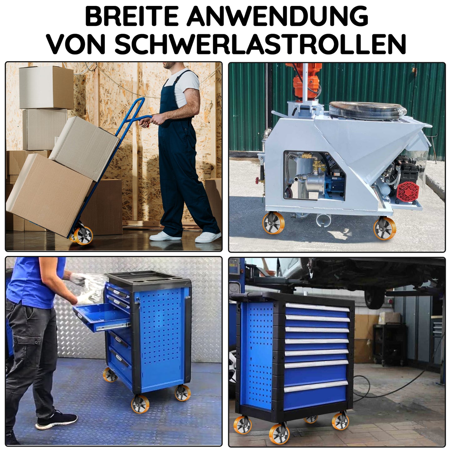 2×200mm Schwerlast-Lenkrollen – 360° drehbar, leise & stark für Werkstatt, Garage & Pflegewagen