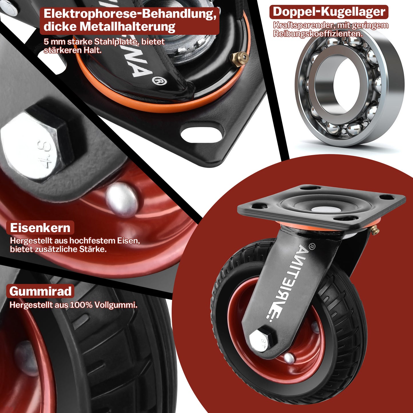 4x Schwerlast Lenkrollen 200mm – Transportrollen mit Bremse, Vollgummi, je 250kg Tragkraft, drehbar für Werkbank & Industrie