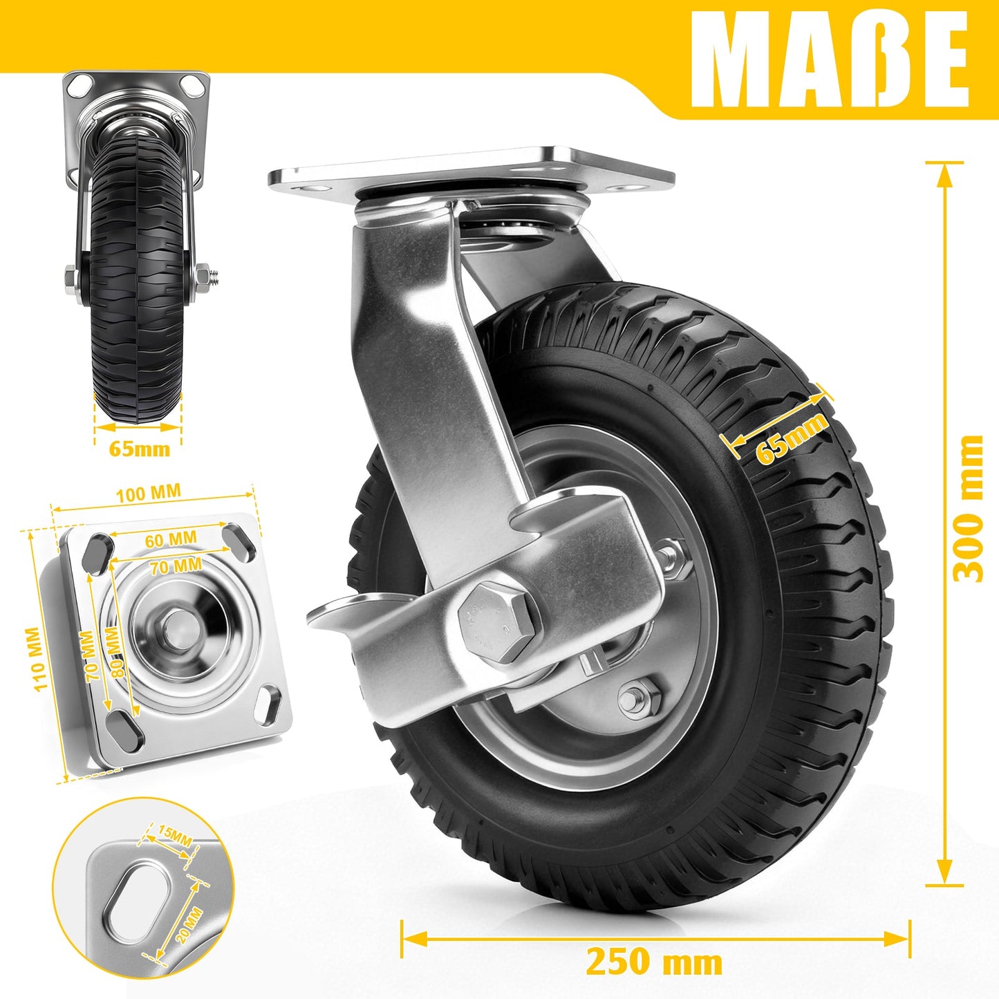 4er Set Pneumatische Rollen 250mm – 2 Bremsrollen + 2 Lenkrollen, Schwerlast & Geländegängig