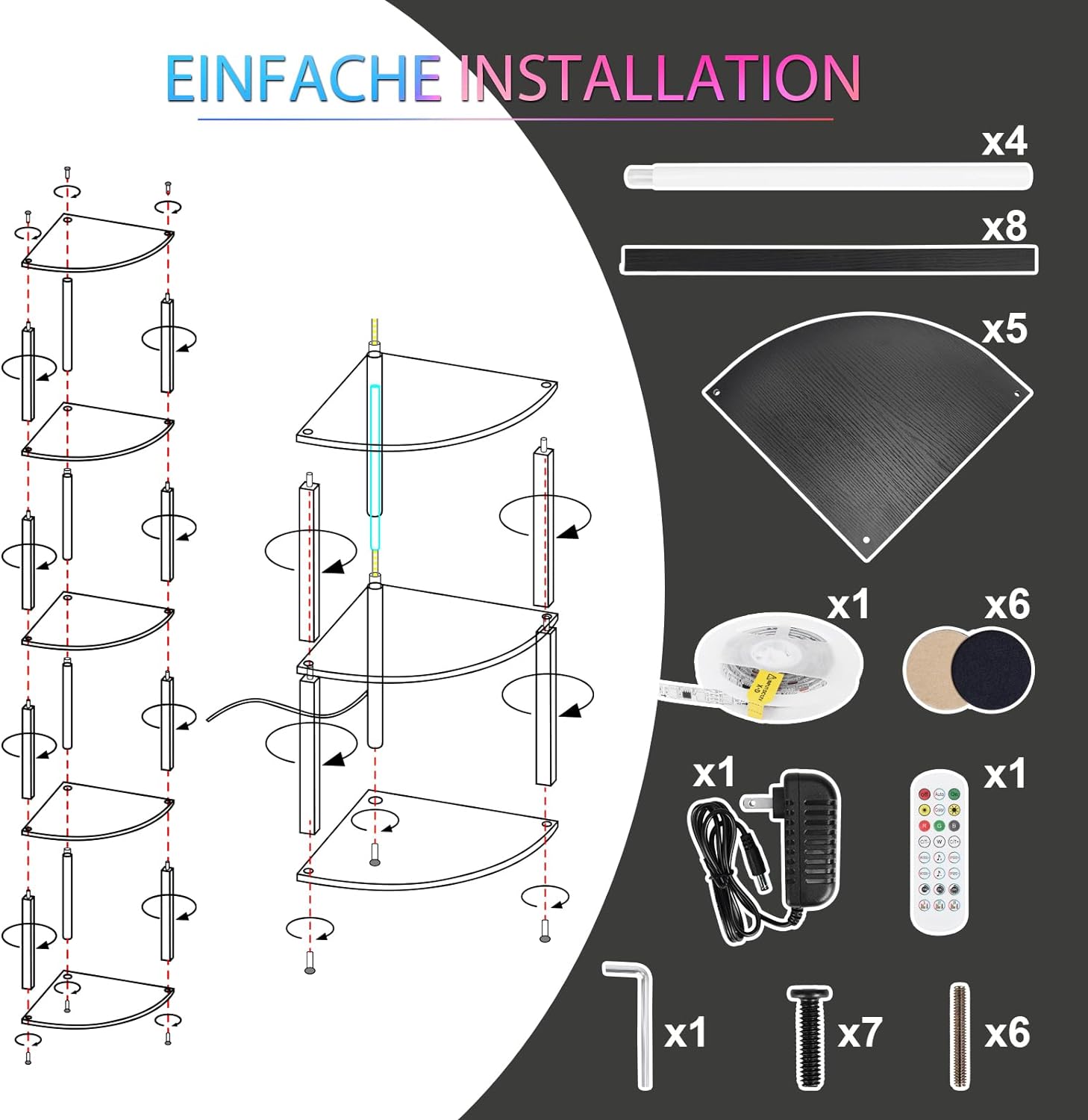 5 Stufige RGB Eckregal Stehend,LED Stehlampe Wohnzimmer 160cm App & Fernbedienung 2700 - 6500K