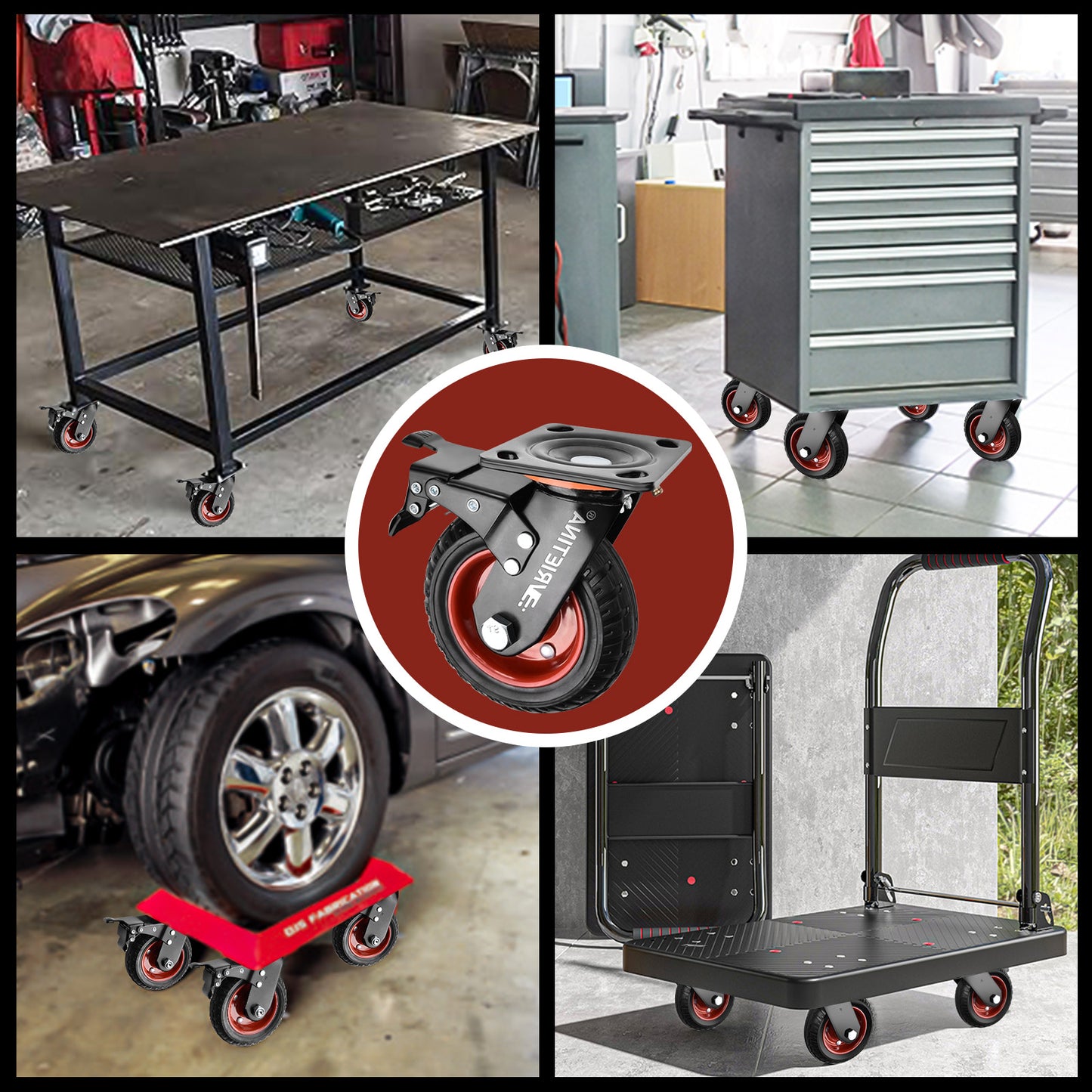 4x Schwerlast Lenkrollen 200mm – Transportrollen mit Bremse, Vollgummi, je 250kg Tragkraft, drehbar für Werkbank & Industrie