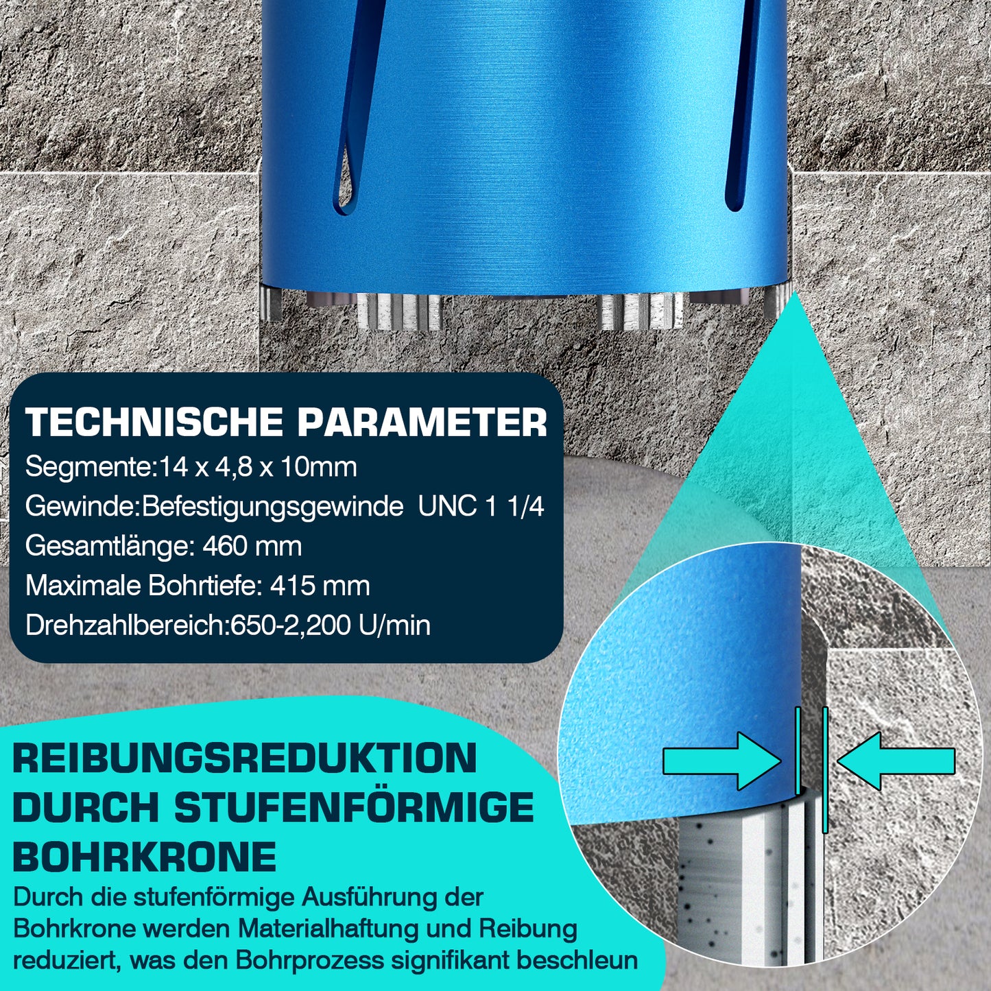 Profi corona de perforación de diamante para hormigón y hormigón armado Ø26–202 mm, M22, SDS Plus/Max, perforación en húmedo y en seco