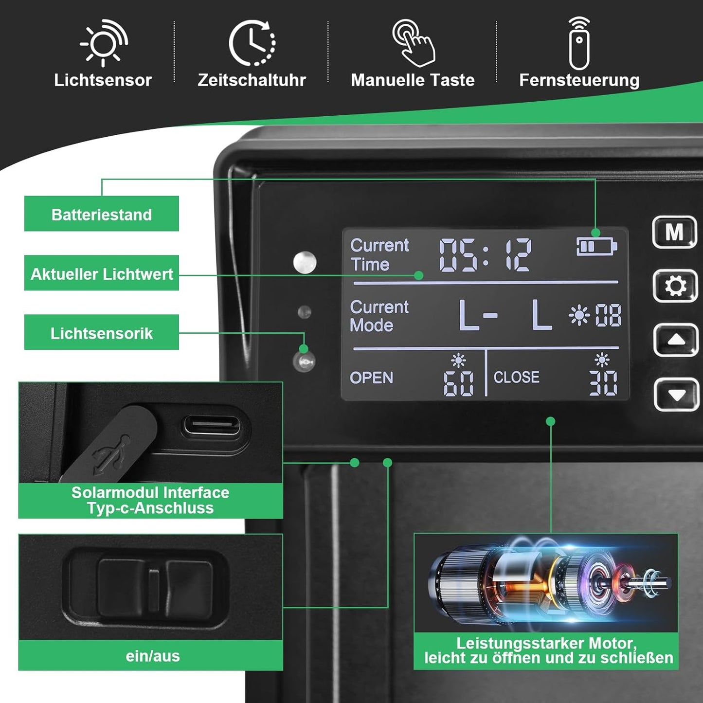 Automatische Hühnerklappe Solar - Intelligentes Hühnerstalltor mit Timer, Lichtsensor und Fernbedienung, Wetterfest (IP45)