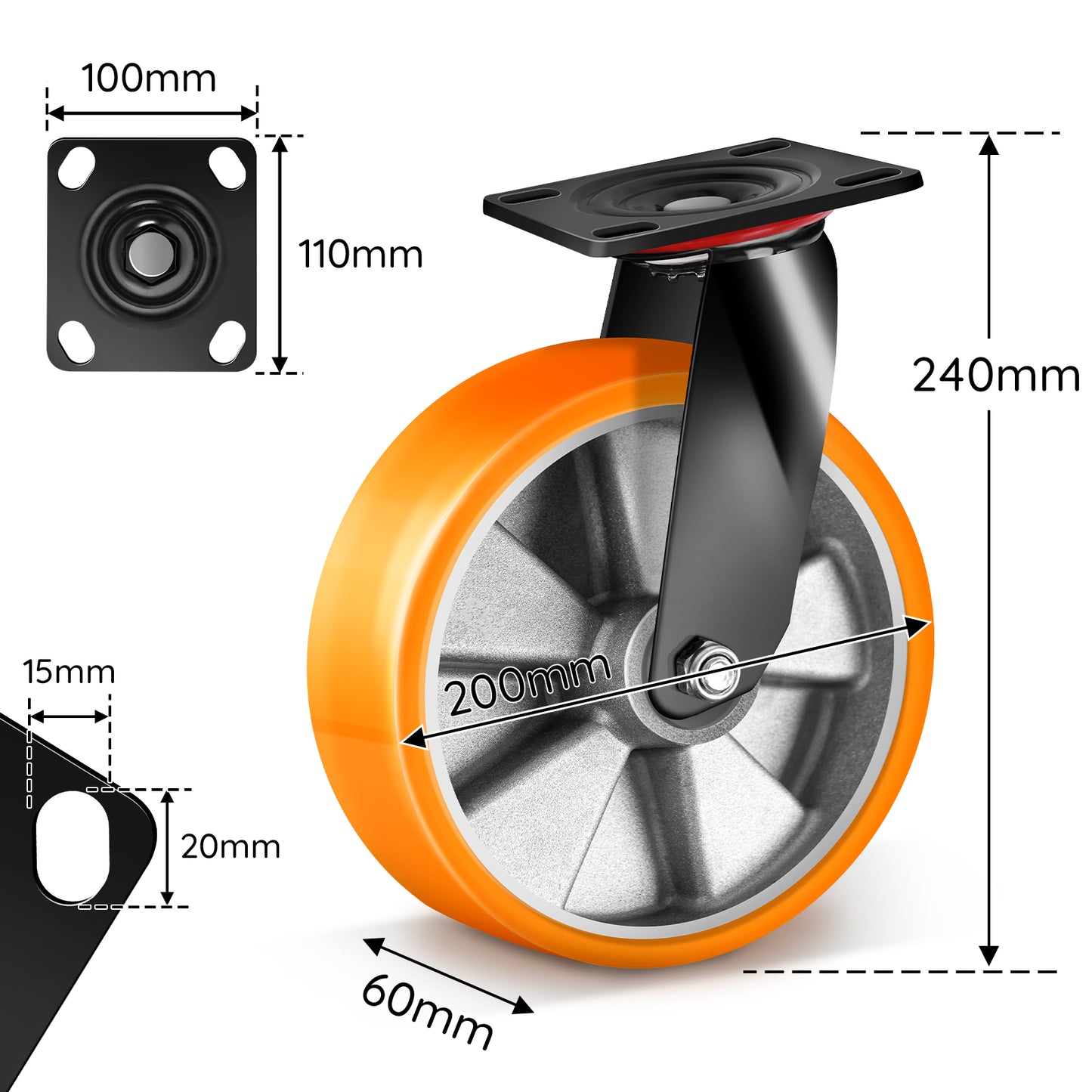 2×200mm Schwerlast-Lenkrollen – 360° drehbar, leise & stark für Werkstatt, Garage & Pflegewagen