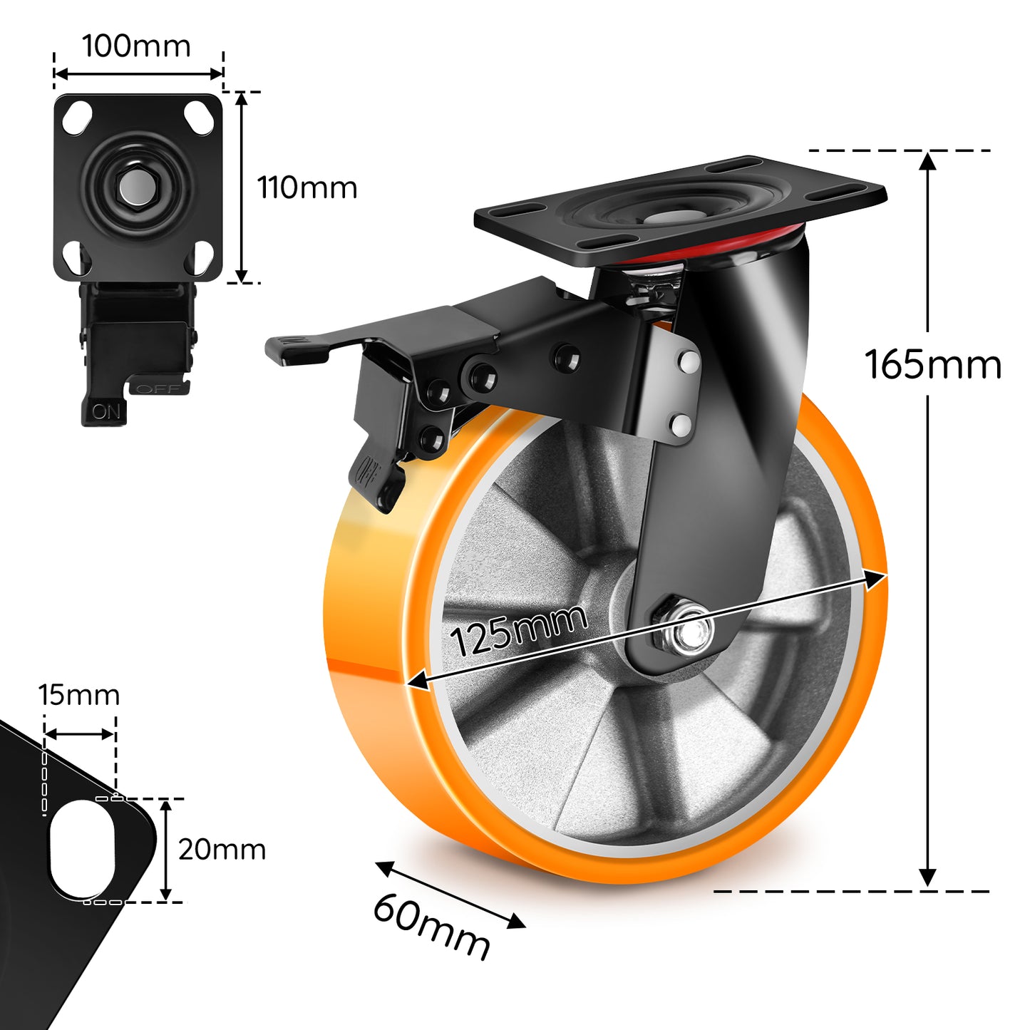 4er-Set 125mm Schwerlastrollen – 2× mit Bremse & 2× drehbar, leise & stabil für Werkstatt, Haushalt & Regale