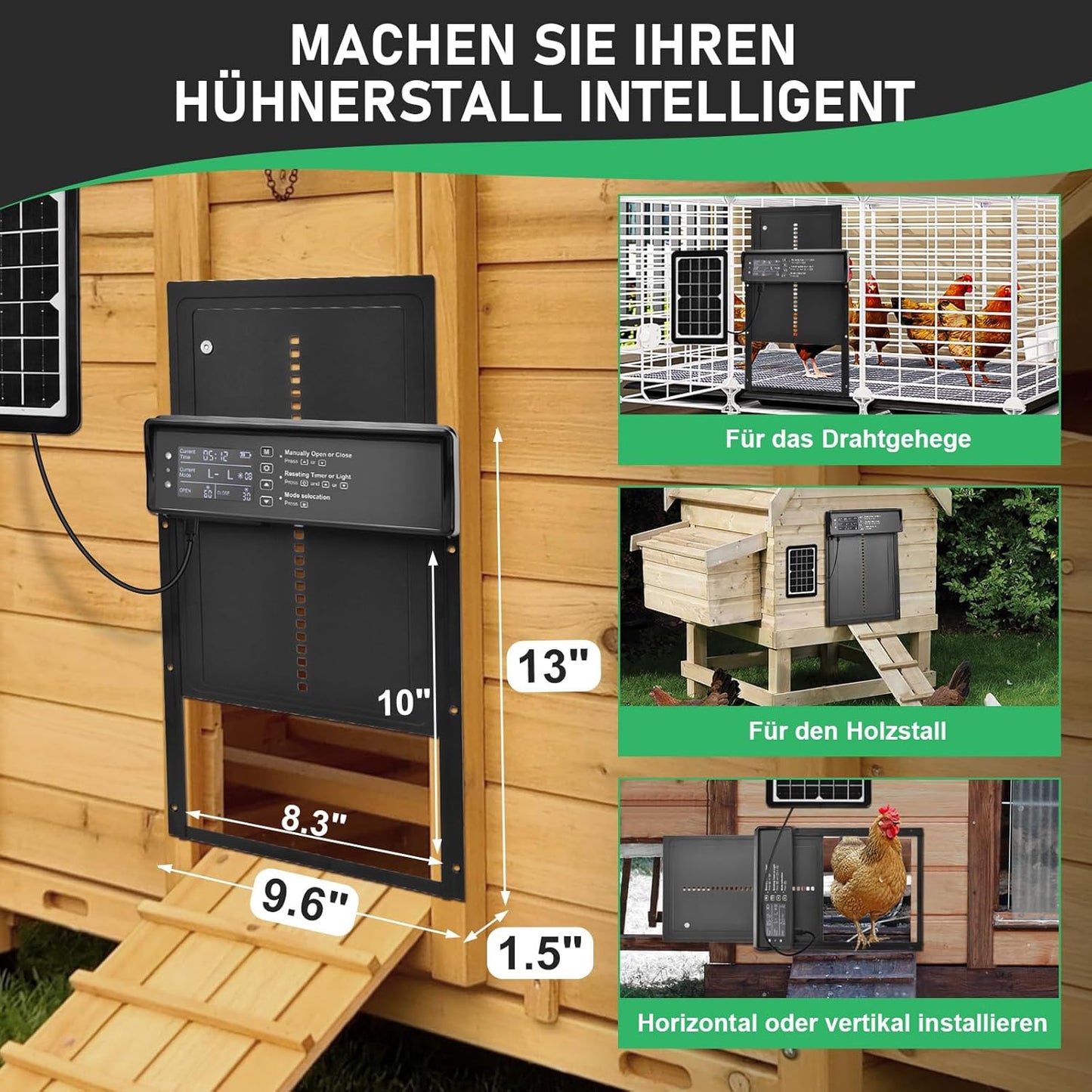 Automatische Hühnerklappe Solar - Intelligentes Hühnerstalltor mit Timer, Lichtsensor und Fernbedienung, Wetterfest (IP45)