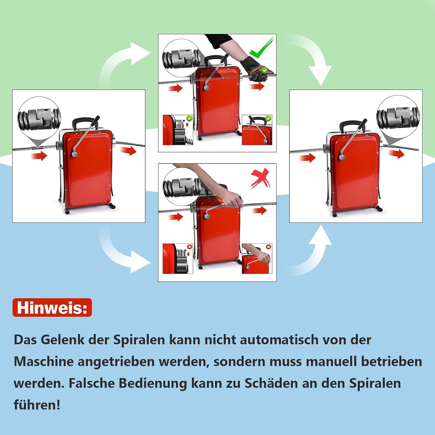 850W Rohrreinigungsmaschine mit 14m Ø22mm,14.5m Ø16mm, 5m Ø10mm Spirale für Ø20 - 200mm Rohrleitungen 450U/M