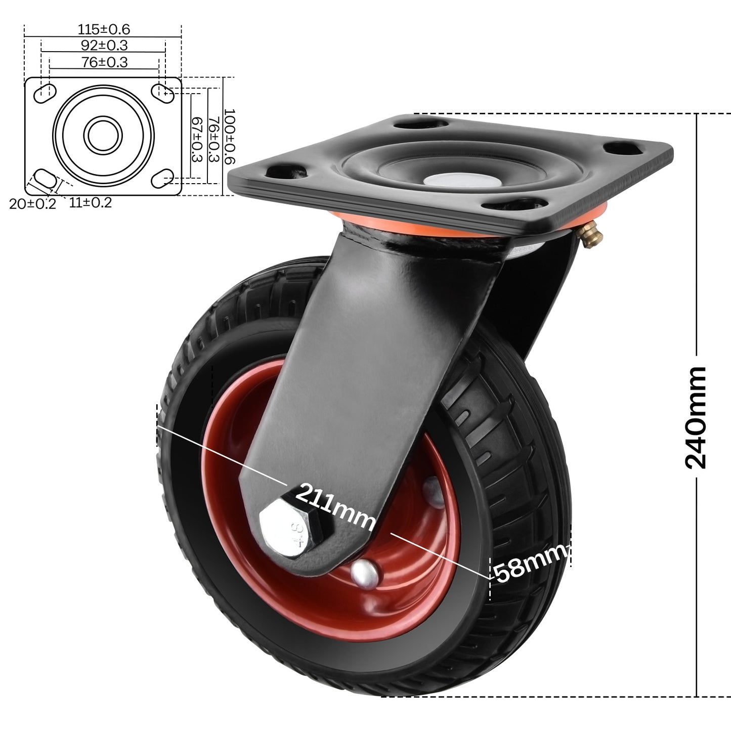Set of 4 200mm all-terrain heavy-duty castors – 2 with brakes, 2 swivel castors, for workshop, garden & transport equipment