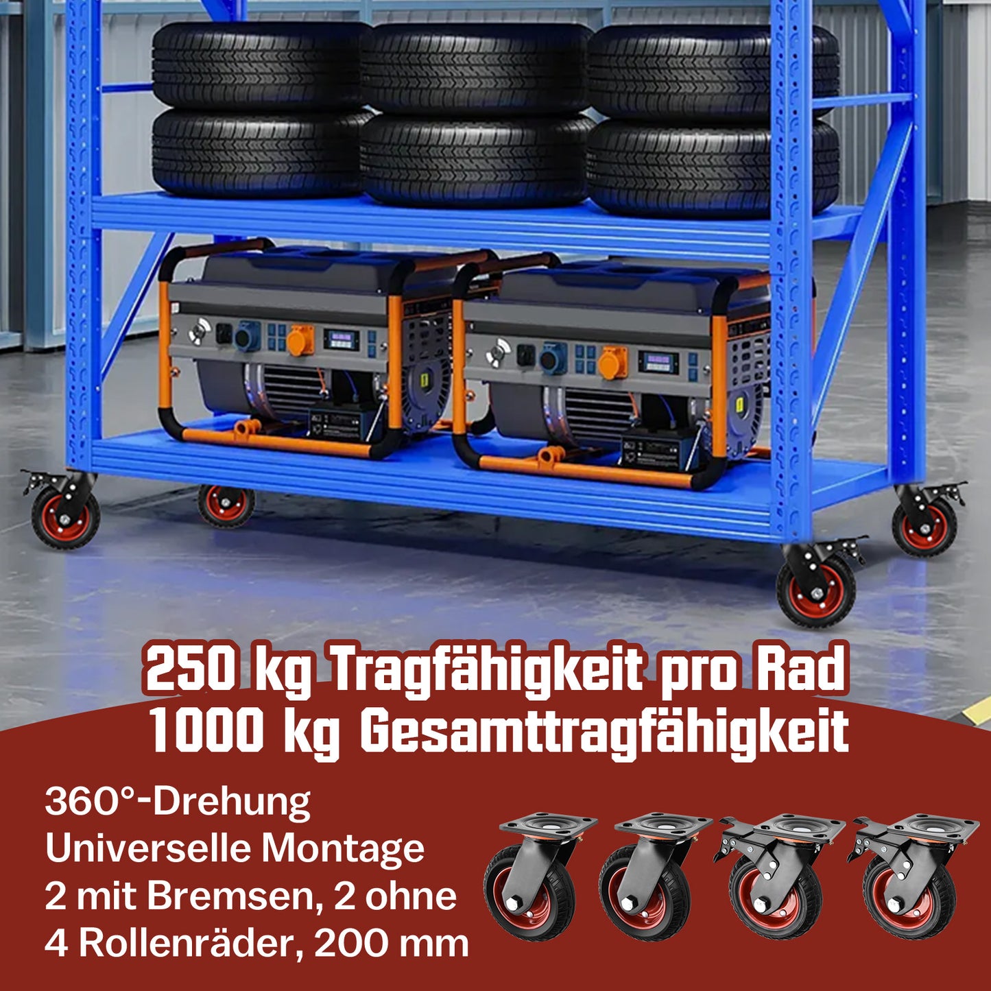 Set of 4 200mm all-terrain heavy-duty castors – 2 with brakes, 2 swivel castors, for workshop, garden & transport equipment