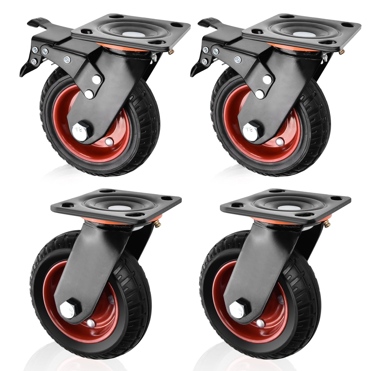 Set of 4 200mm all-terrain heavy-duty castors – 2 with brakes, 2 swivel castors, for workshop, garden & transport equipment