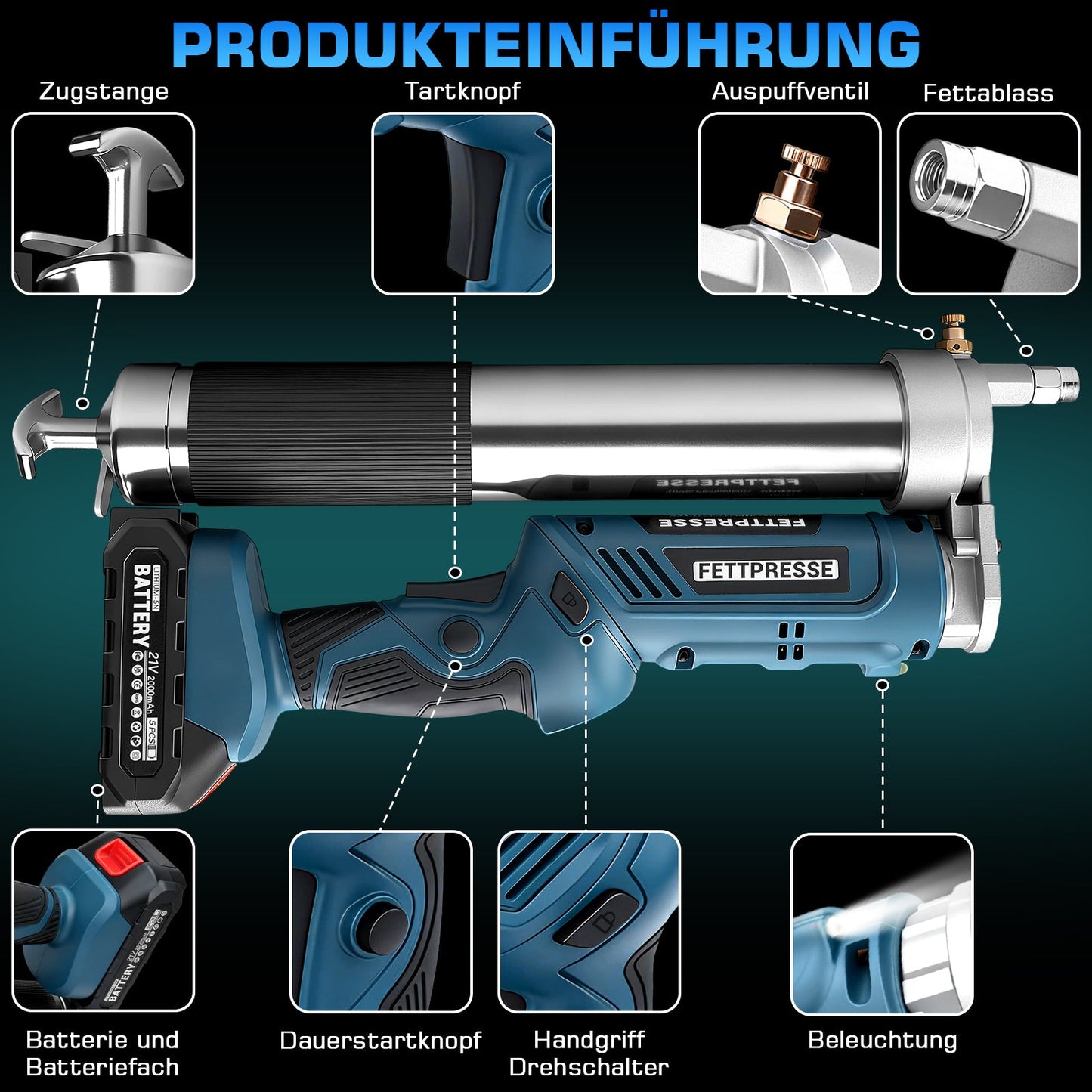 Akku - Fettpresse 18 - 21V Hochdruck 12000 PSI mit LED, 2 - in - 1 Handgriff und vielseitigen Düsen für Maschinenwartung