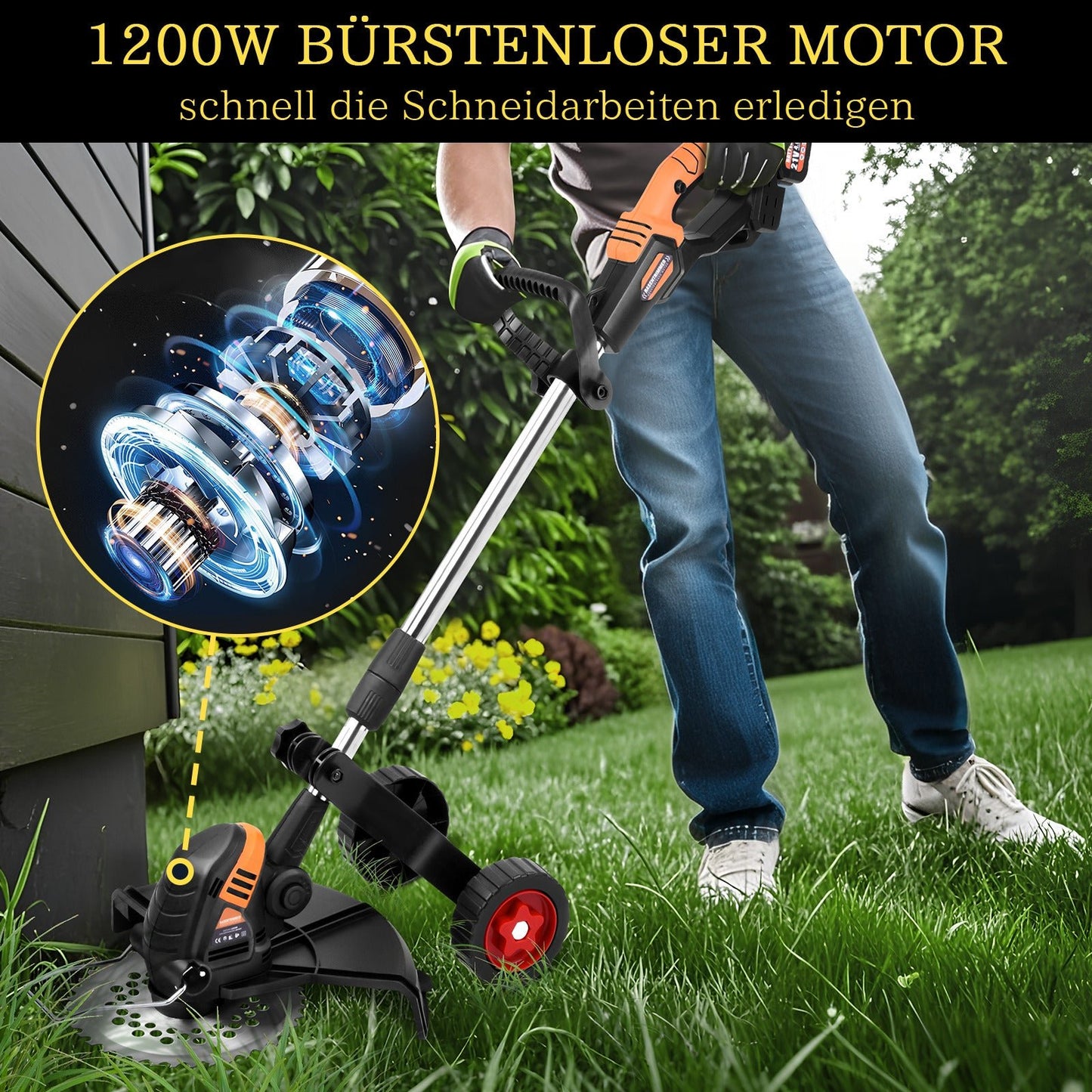 Akku Rasenmäher – 1200W bürstenloser Motor, verstellbar, mit 4 Aufsätzen, ideal für Rasenpflege und Unkrautbeseitigung
