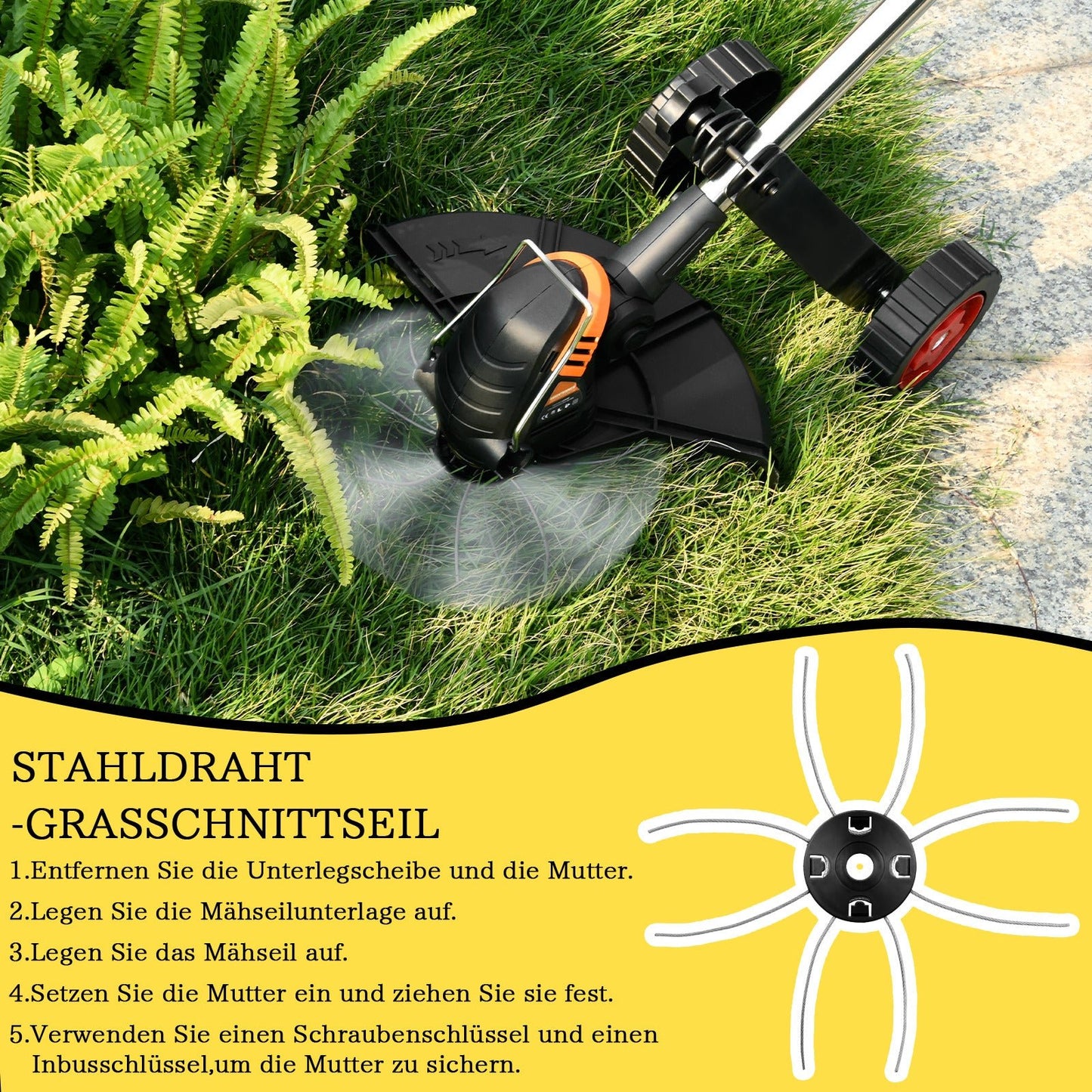 Akku Rasenmäher – 1200W bürstenloser Motor, verstellbar, mit 4 Aufsätzen, ideal für Rasenpflege und Unkrautbeseitigung
