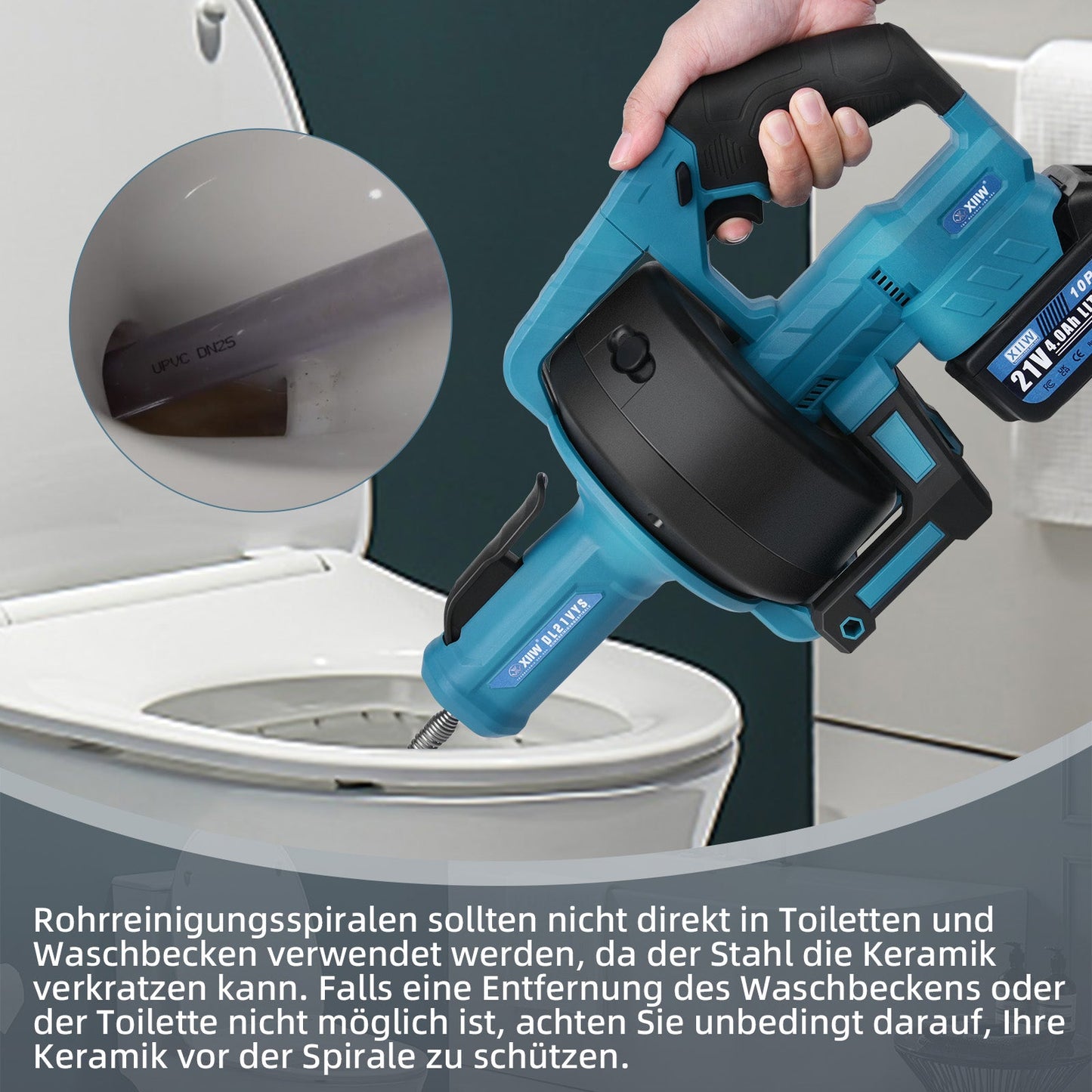 Akku Rohrreinigungsmaschine 21V – mit 7,6 m Spirale, stufenloser Drehzahl, 2 Akkus, für Abfluss & Küche