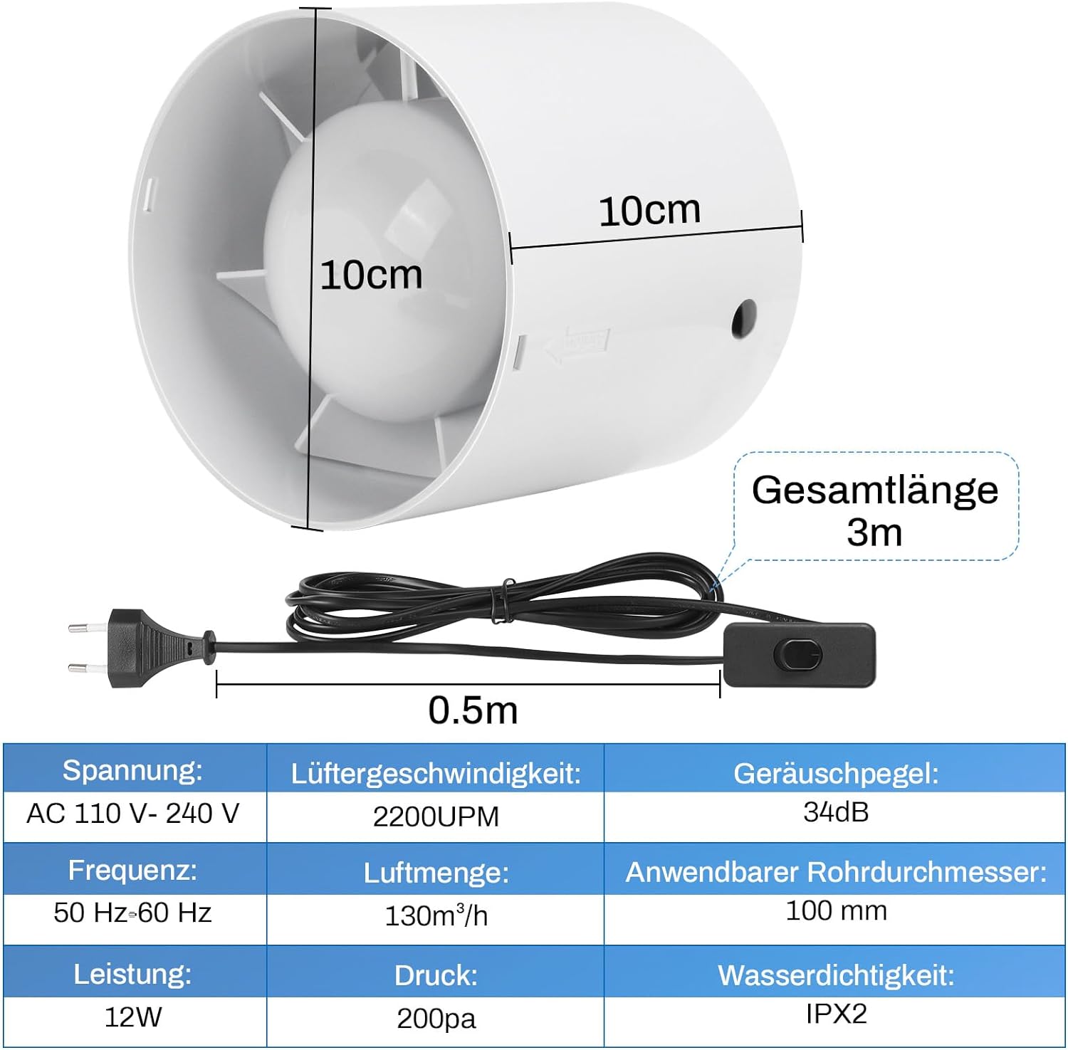 Badlüfter Ventilator 100mm – Leise, Effizient mit Rückstauklappe, Überhitzungsschutz für Badezimmer und Feuchträume
