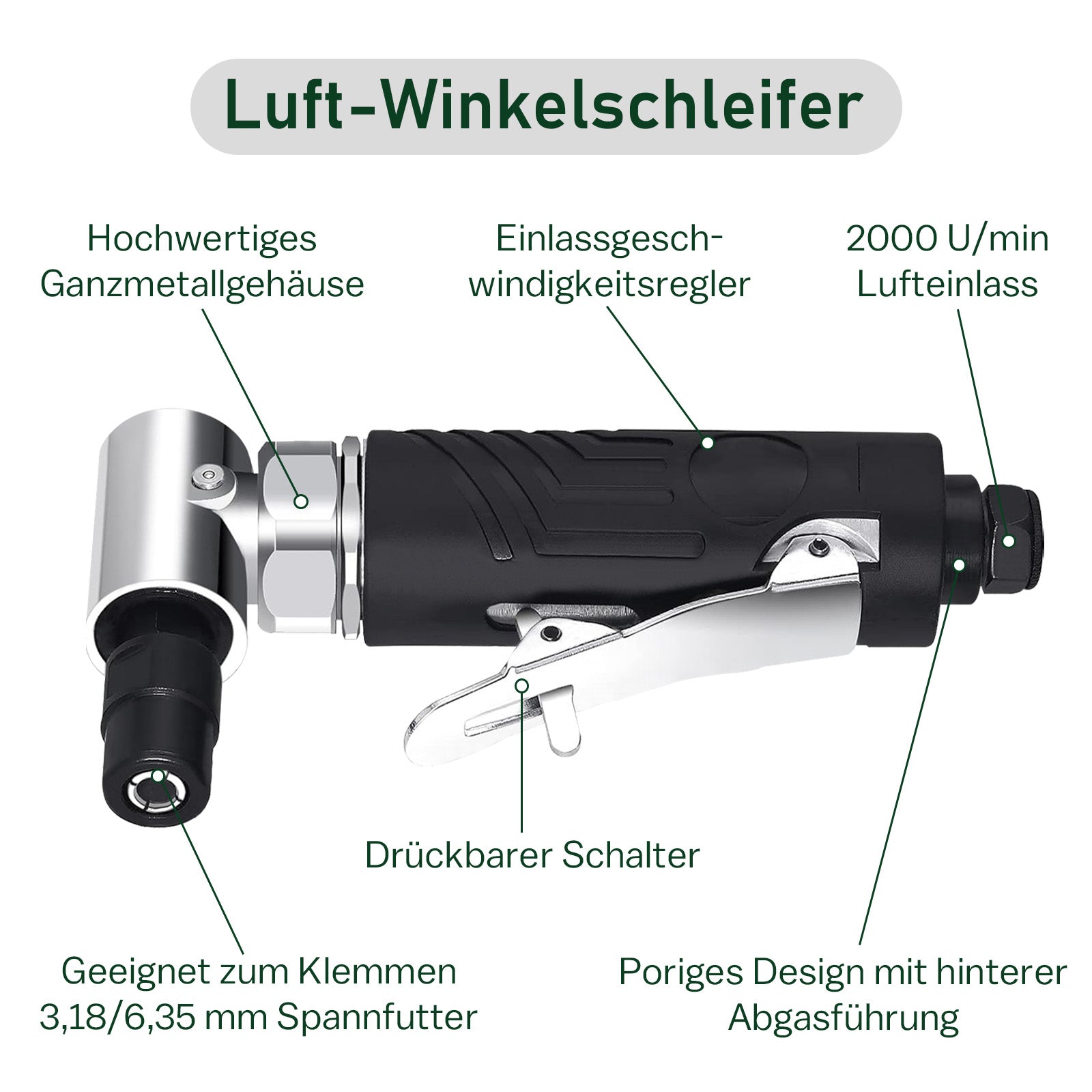 Druckluft Schleifer 25000 U/min – Luftschleifer für Metall & Holz – 1/4" Anschluss, 3–6 mm Spannfutter