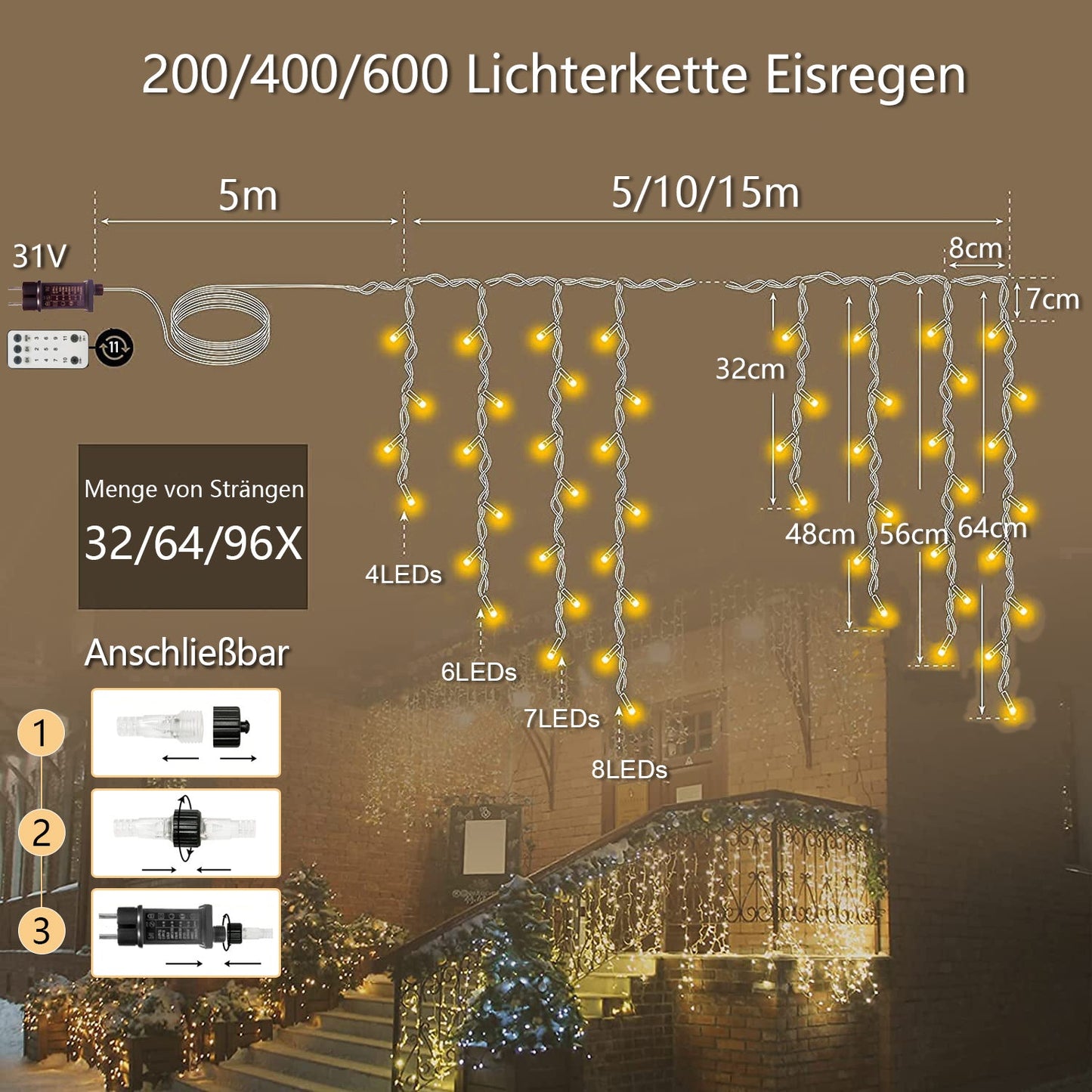 Eiszapfen Lichterkette – IP44 Wasserdicht, 11 Modi, Dimmbar, Timer & Speicherfunktion