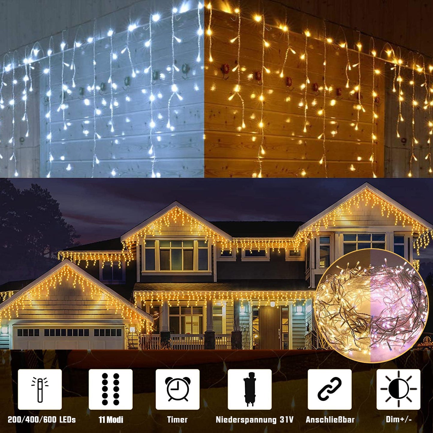 Eiszapfen Lichterkette – IP44 Wasserdicht, 11 Modi, Dimmbar, Timer & Speicherfunktion