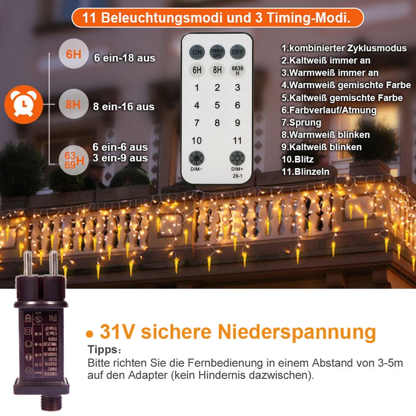 Eiszapfen Lichterkette – IP44 Wasserdicht, 11 Modi, Dimmbar, Timer & Speicherfunktion