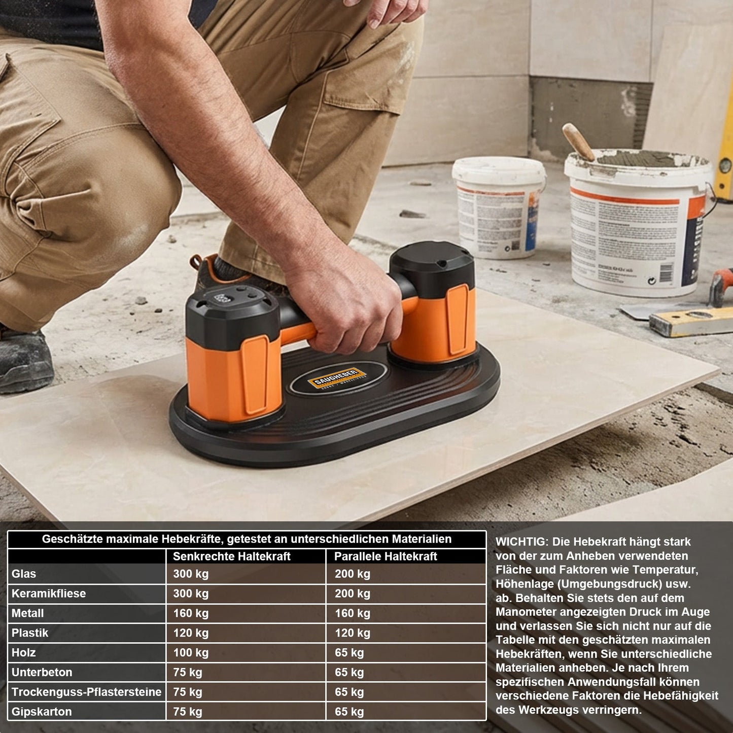 Elektrischer Akku - Vakuum - Saugheber 300 kg – Automatische Druckregulierung, Profi - Plattenheber für Glas, Feinsteinzeug & Terrassenplatten