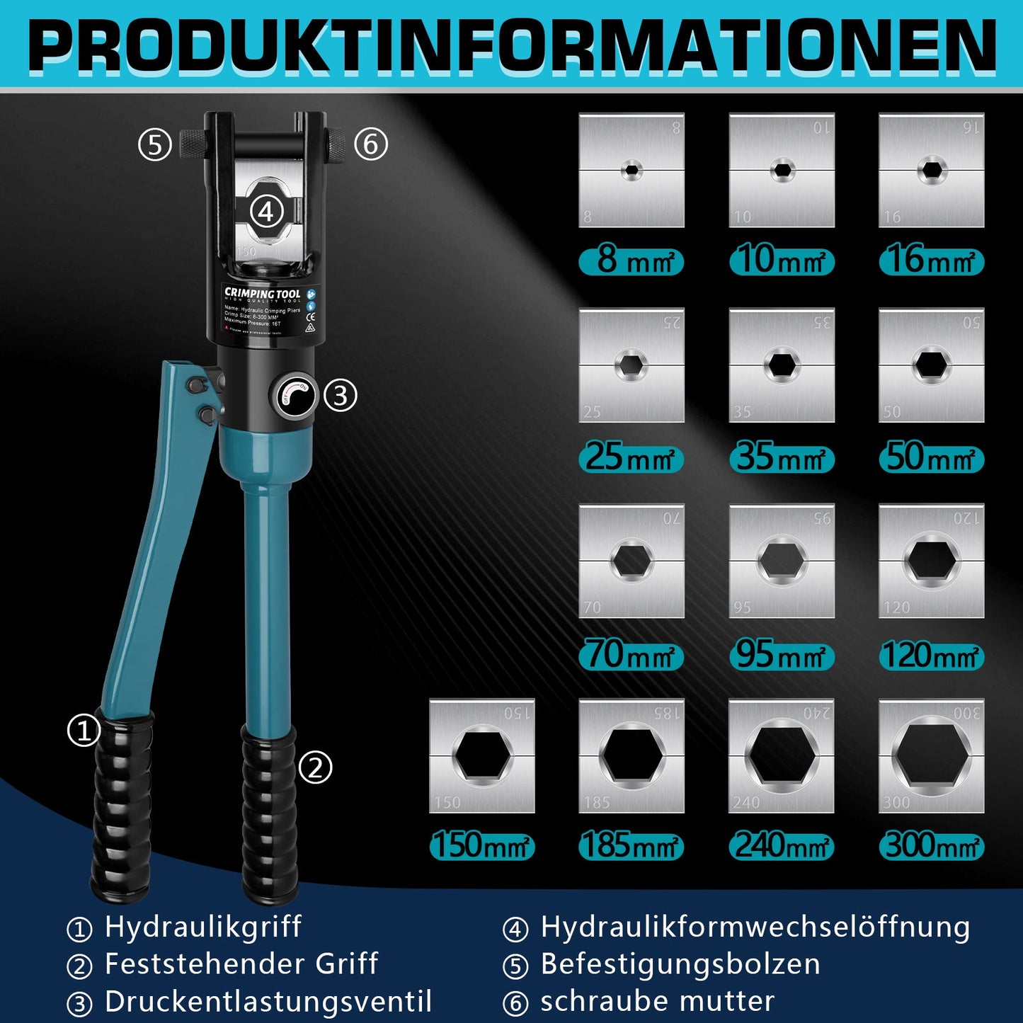 Hydraulische Crimpzange Set 8–300 mm² mit 13 Matrizen & Kabelschneider – Profi - Werkzeug für Elektrik, Industrie & KFZ