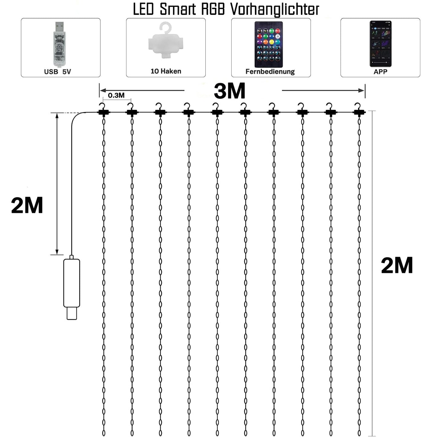 Intelligente Vorhanglichter – 300 LEDs, 3×3 m, 16 Millionen Farben, App & Fernbedienung