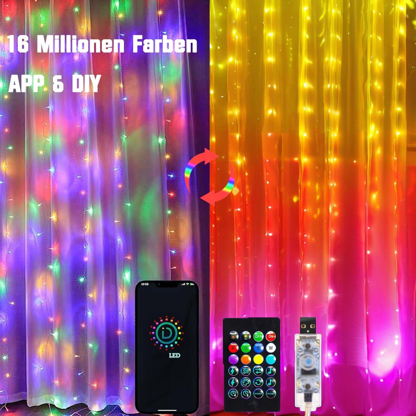 Intelligente Vorhanglichter – 300 LEDs, 3×3 m, 16 Millionen Farben, App & Fernbedienung