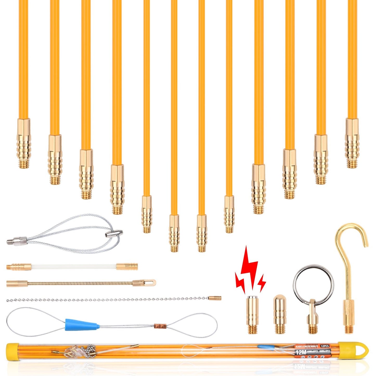 Kabeleinzugshilfe 12 m mit Zubehör | Glasfaser für Kabel 1–4 mm²