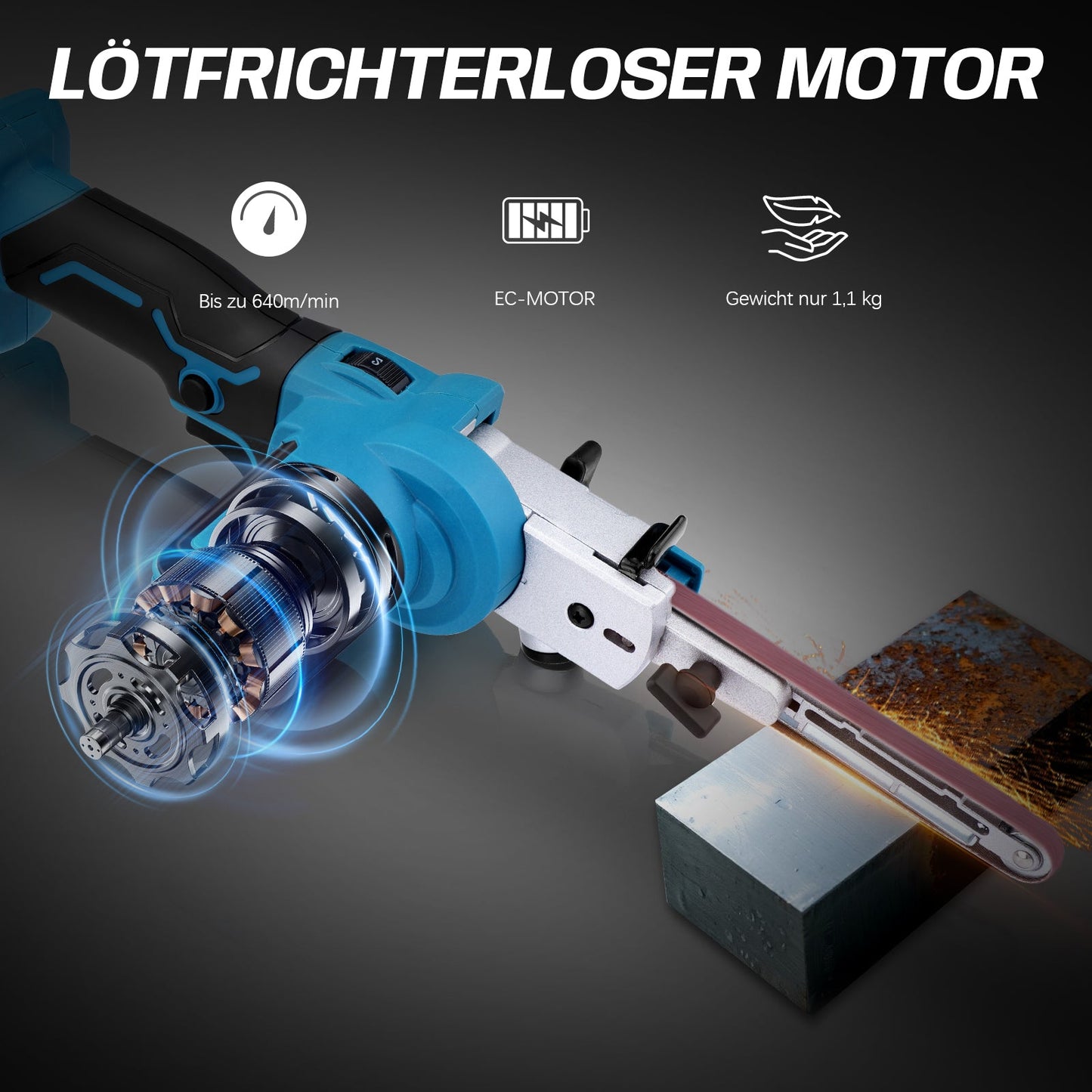 Kabelloser Mini - Bandschleifer 6 Stufen | 100° Schwenkbares Schleifband | Für Holz & Metall | Akku 18V kompatibel