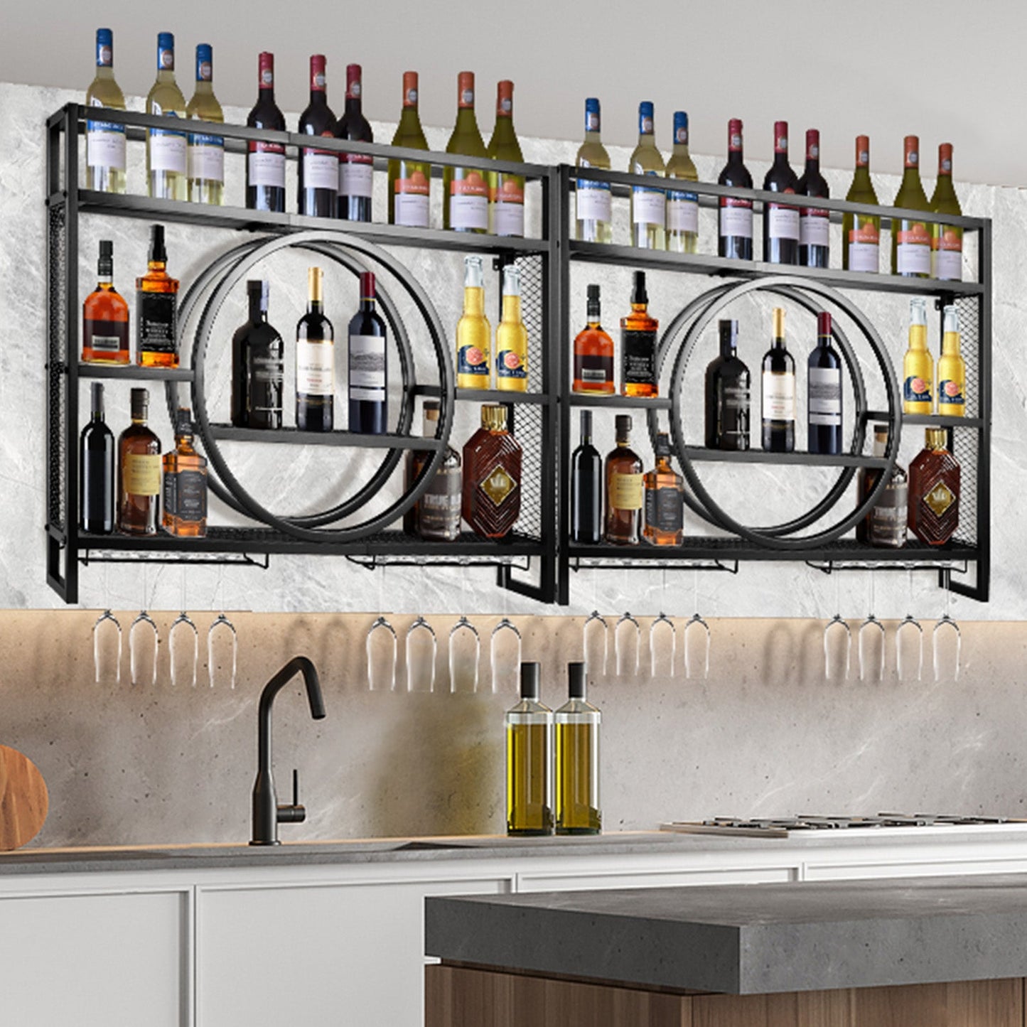 Luxus Schwarz Metall Weinregal| Wandmontage mit Glasaufhängung – Barregal für Küche & Wohnzimmer