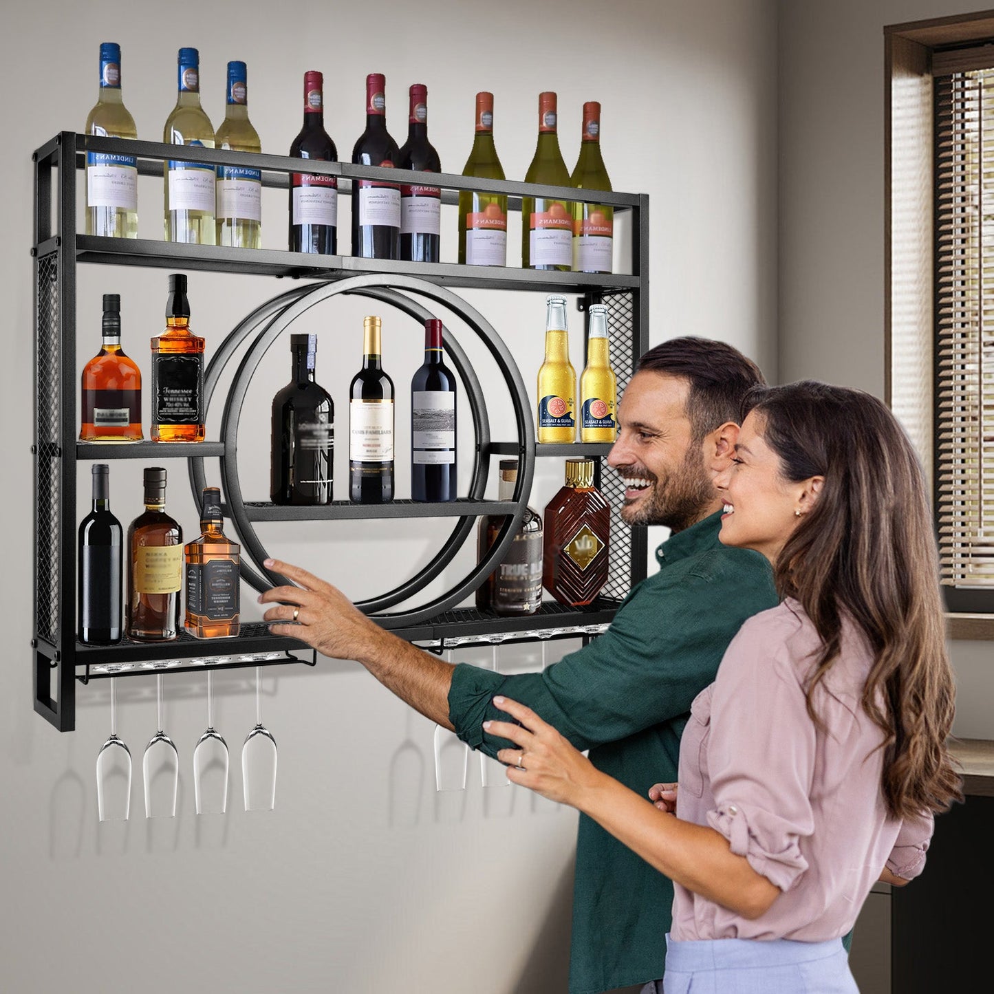 Luxus Schwarz Metall Weinregal| Wandmontage mit Glasaufhängung – Barregal für Küche & Wohnzimmer