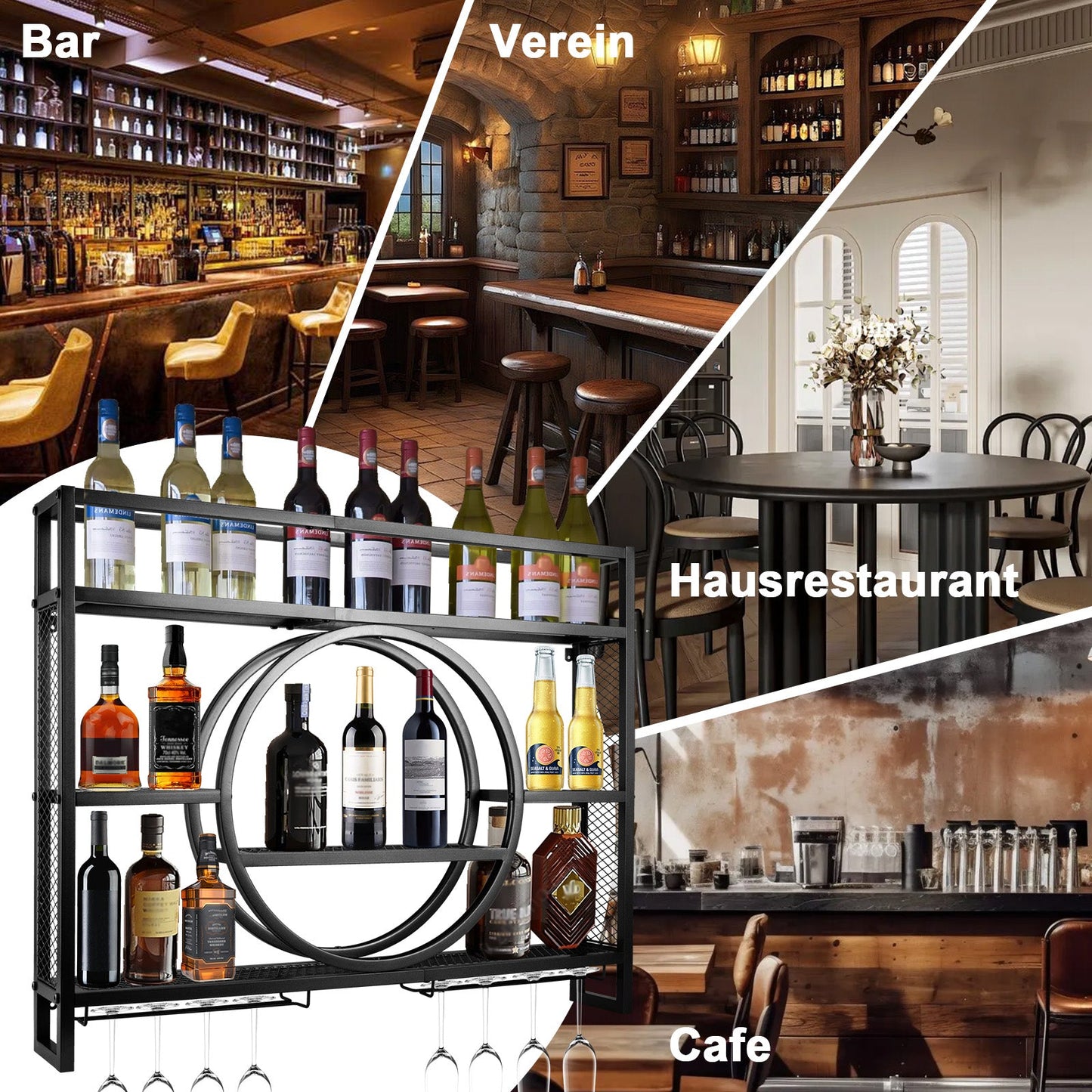 Luxus Schwarz Metall Weinregal| Wandmontage mit Glasaufhängung – Barregal für Küche & Wohnzimmer